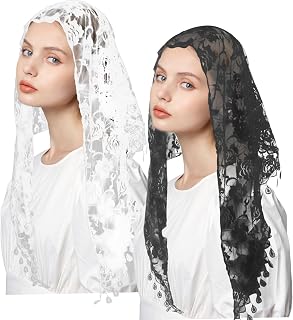 2 PCS Mass Veil Triangle Mantilla - White & Black, Ideal Cathedral Head Covering Chapel Veil Latin Scarf Latin Mass Head Covering Veils for Latin Mass and Chapel Use