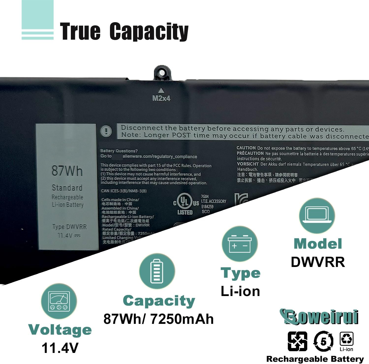 DWVRR 87Wh Laptop Battery Replacement for Dell Alienware x17 R1 R2 Alienware x15 R1 R2 Inspiron 16 7620 2-in-1 Series Notebook 0017GN 0NR6MH 817GN Battery 7250mAh 6-Cell