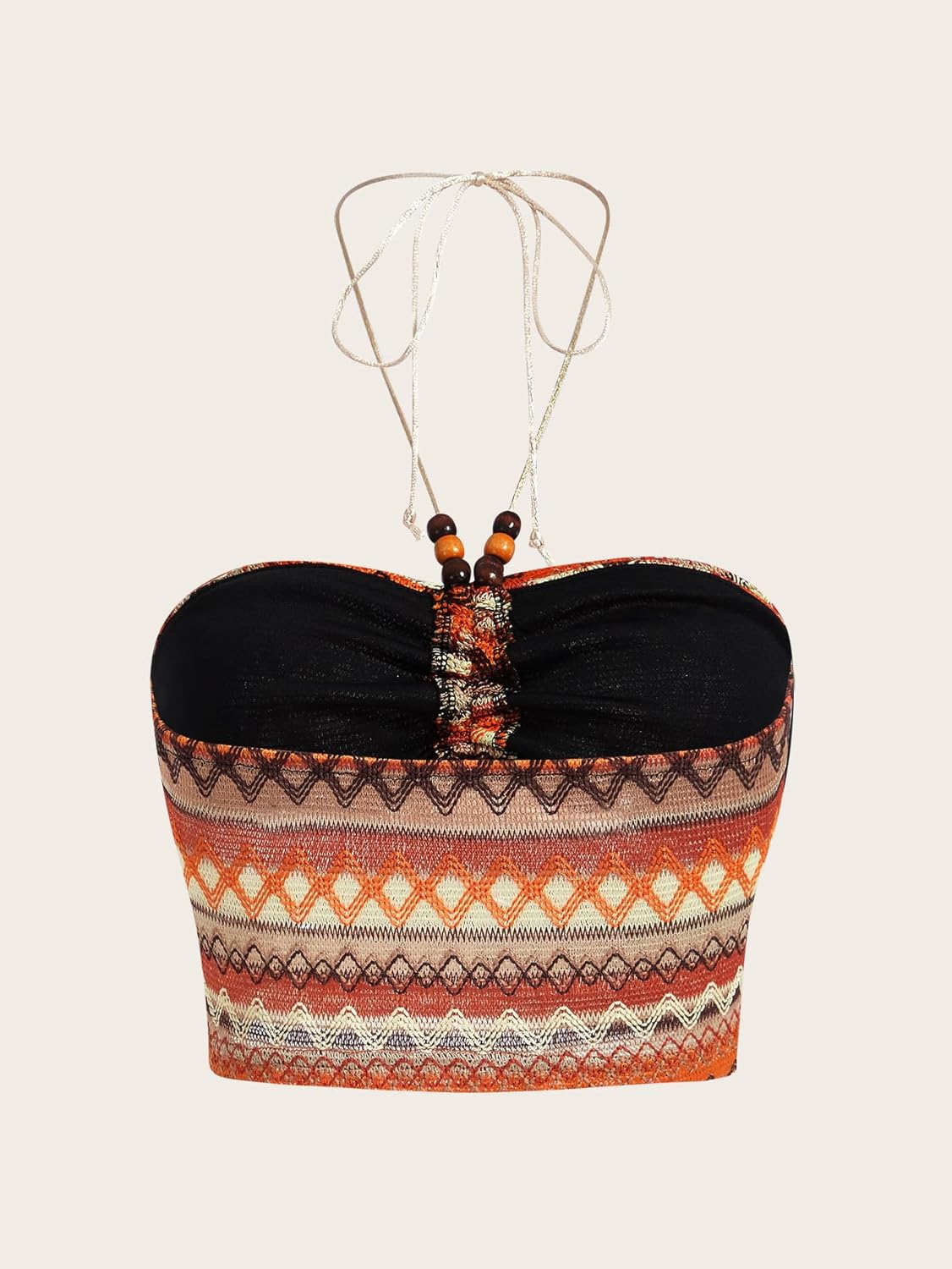 SHENHE Women's Ruched Beaded Halter Neck Backless Chevron Geo Print Boho Crop Top - Image 3
