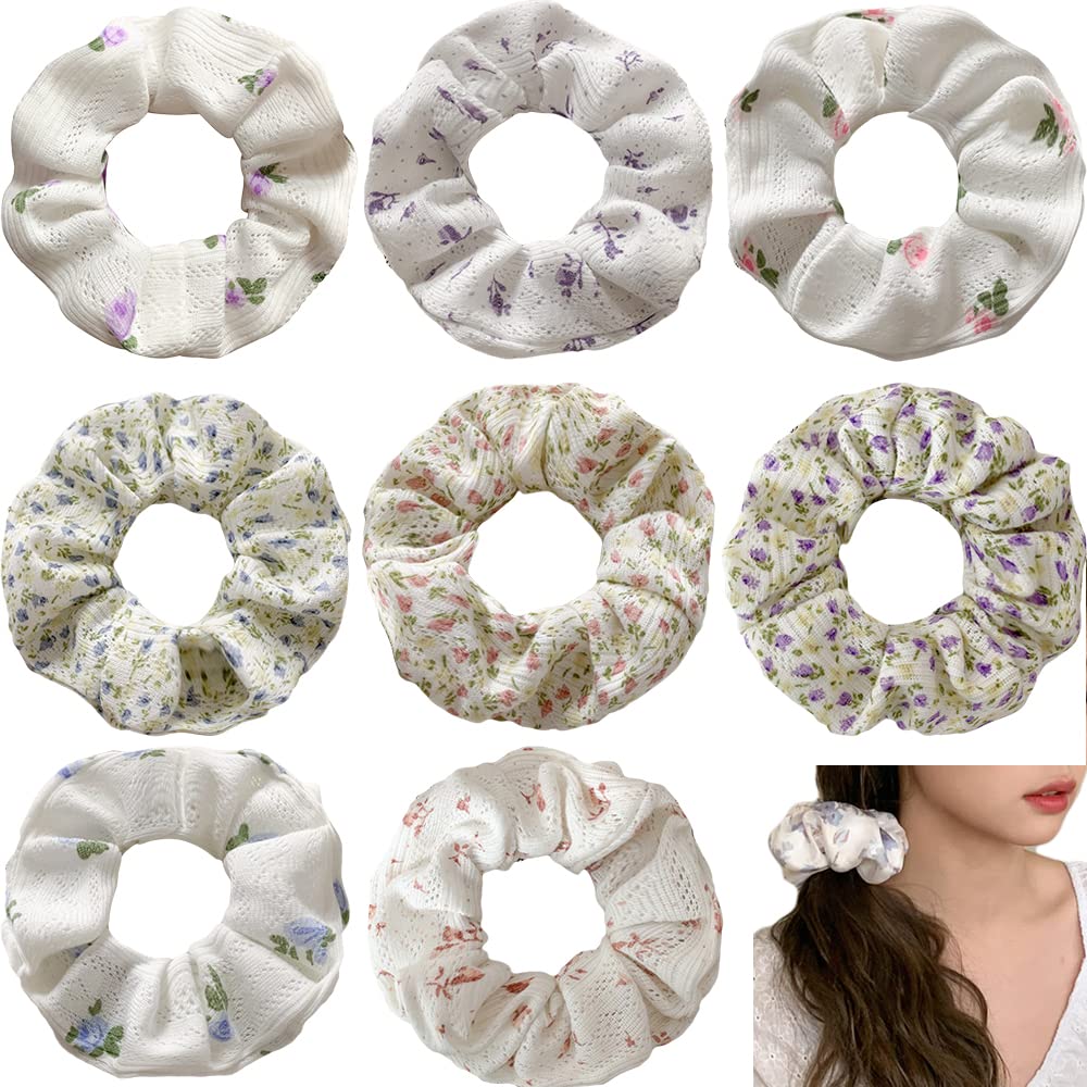 Cotton Flower Hair Scrunchies Elastic Hair Bands Ties, Glittery White Flowers Hair Ties Ponytail Holders for Women Girls
