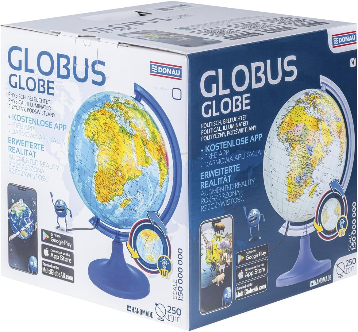 DONAU Globe terrestre/Diamètre 250 mm/Carte politique/Lumineux/Lampe LED/Pivotant/Décoration éducative/Application interactive Multiglobear/Pour l'école, la maison et Le bureau