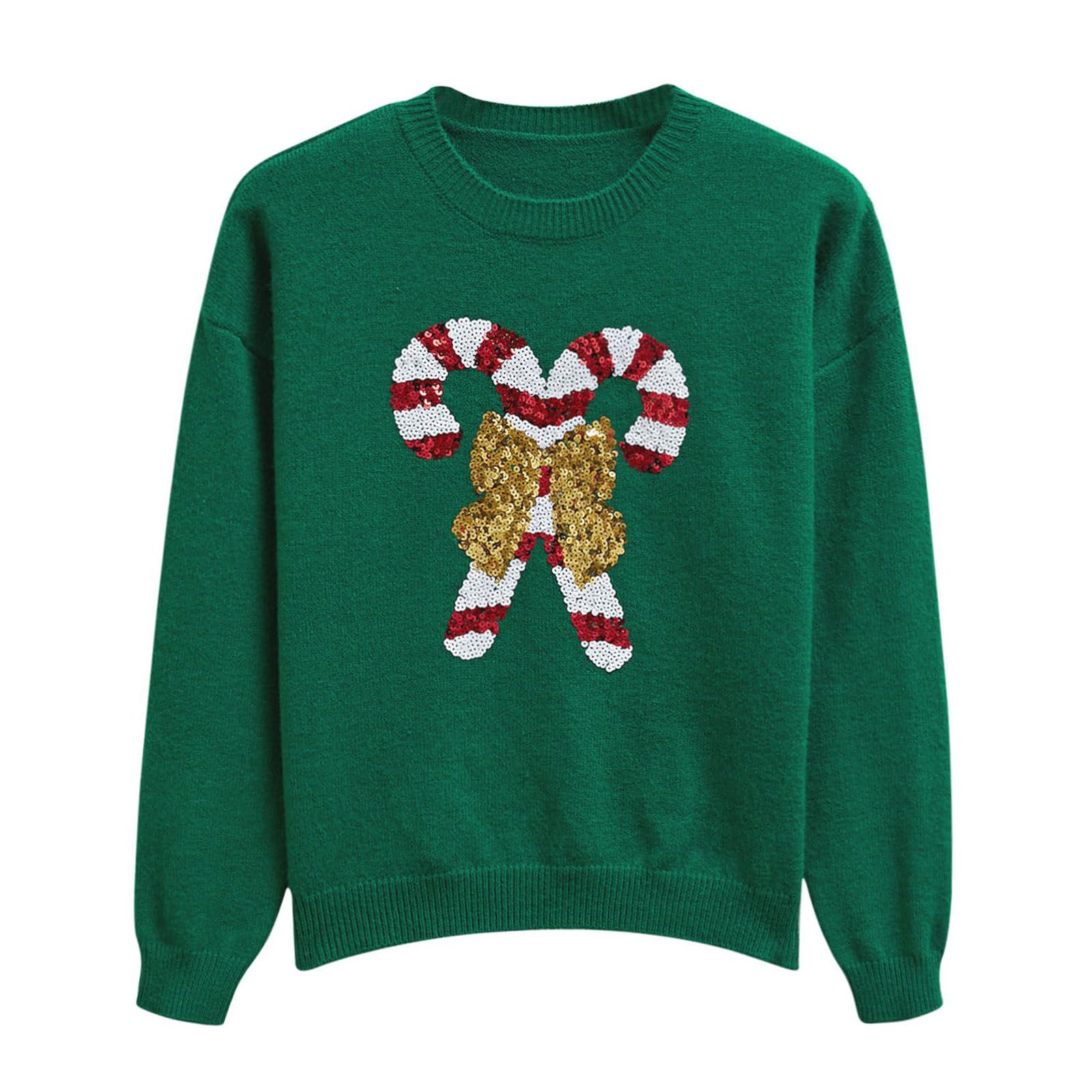 CHICWISH Women Sequin Bowknot Candy Cane Print Knit Christmas Sweater Crewneck Long Sleeve Holiday Sweaters Pullover