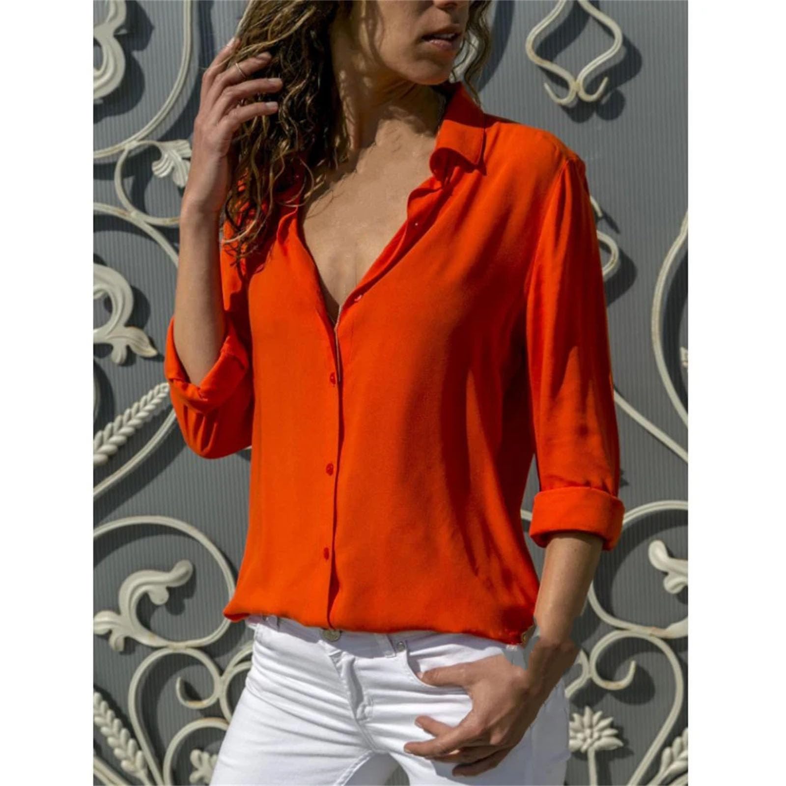 Blusa vintage para mujer, holgada, con botones, sencilla, lisa, de manga larga