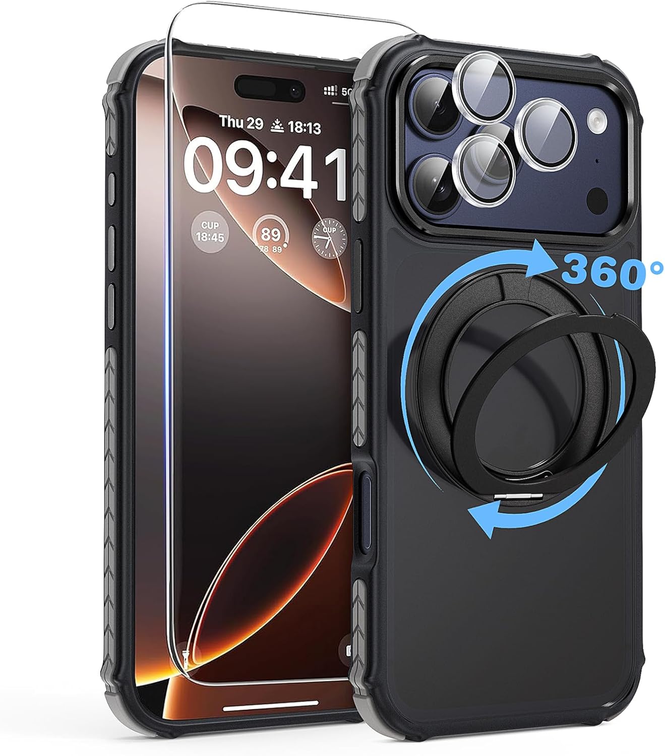 Magnetic Case for iPhone 17 Pro with Mag-Ring Holder Stand, [Screen Protector + Camera Lens Protector] [Military Grade Drop Protection] Translucent Matte Shockproof Phone Cover, Black