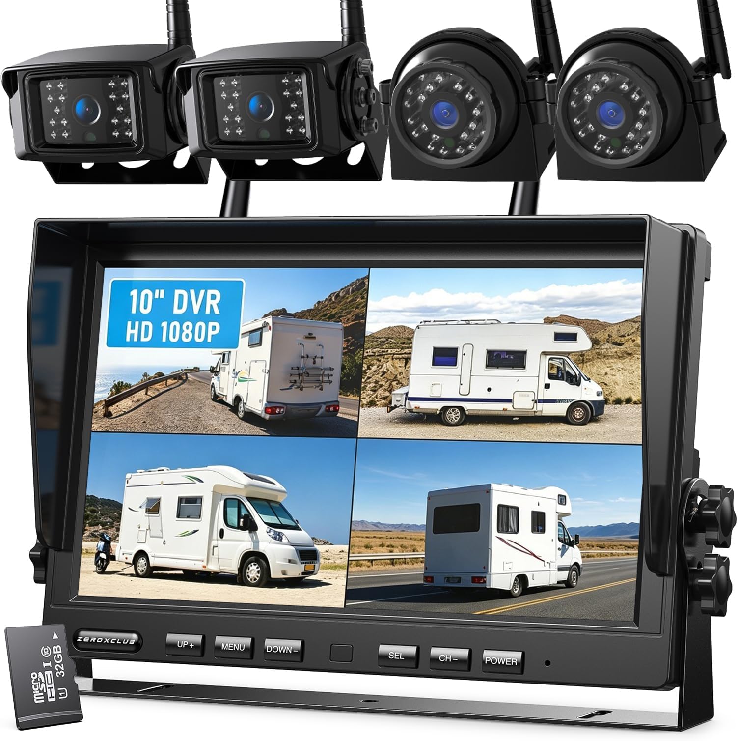 10'' 1080P Wireless Backup Camera System, 10 Inch DVR Quad Split Monitor Wireless Rear Side View Cameras, IP69 Waterproof Digital Signal Record System for RV/Truck/Trailer/Camper-BW104SL