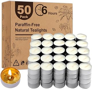 Unscented Tea Lights Candles 50 Pack,6 Hours Long Burning White Tea Candles Bulk,Non-Paraffin, Clean Burn, Smokeless, Palm Tealight Candles for Wedding,Centerpiece,Christmas Lights,Home Decor