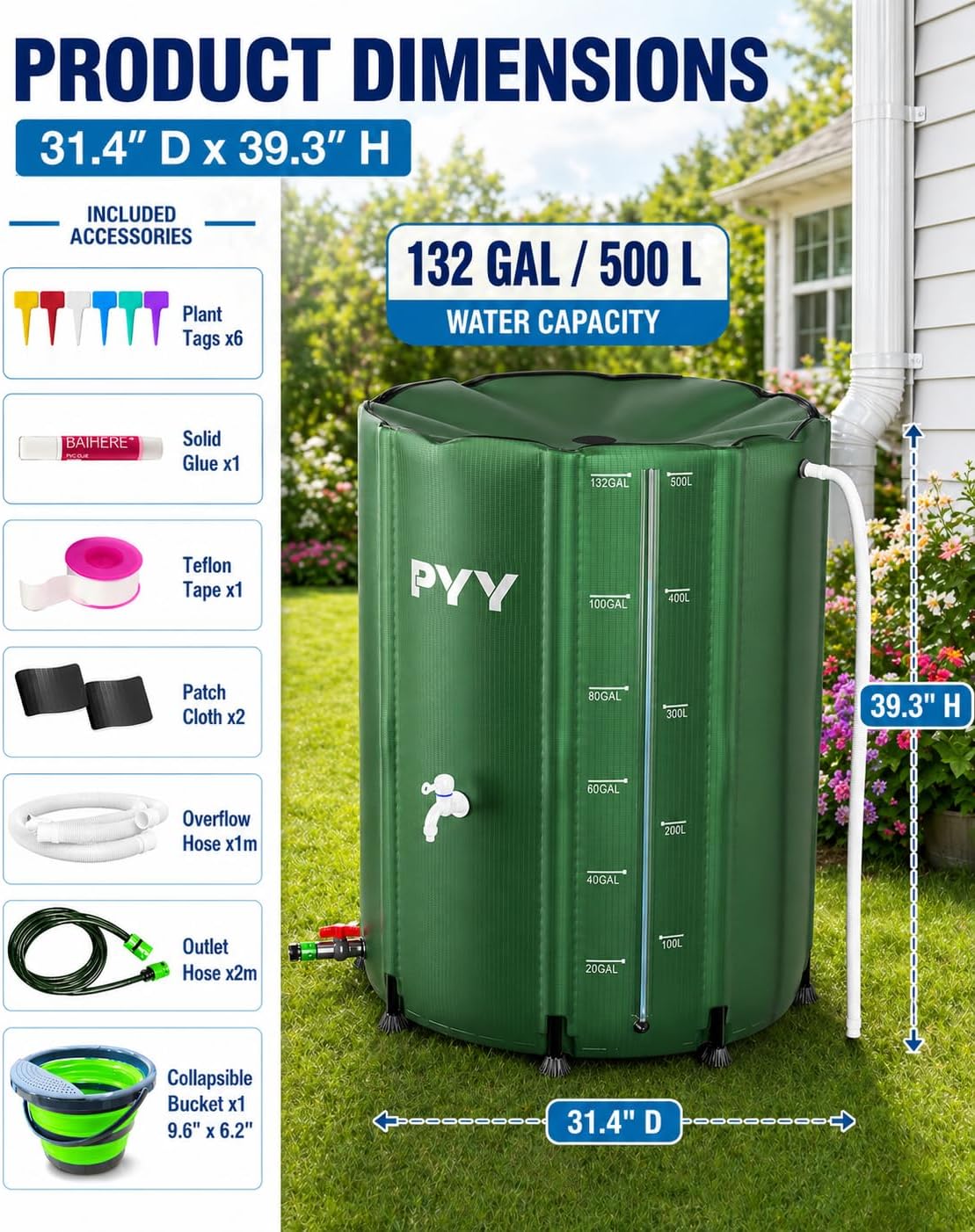 PYY Rain Water Collection Barrel - 132 Gallon Water Storage Tank with Spigots, Hose and Portable Bucket, Large Plastic Collapsible Rain Catcher Catchment System to Collect Rainwater from Gutter