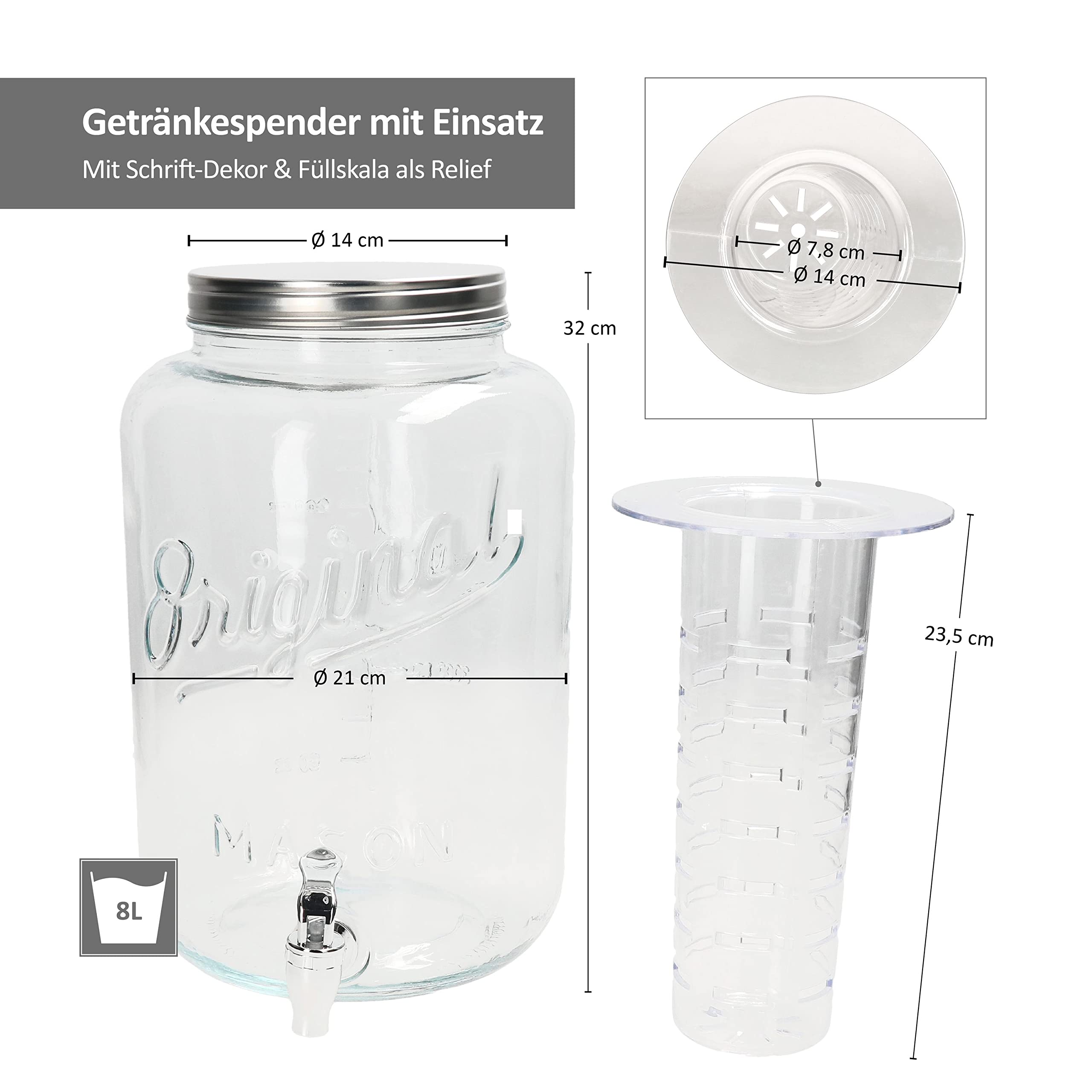 MamboCat GRIFO Getränkespender 8L aus Glas mit Zapfhahn, Deckel & Kühleinsatz I Retro & Vintage-Optik mit Füllskala I Einsatz für Früchte, Eiswürfel, Kräuter I Wasser-Spender I Für Saft & Limo