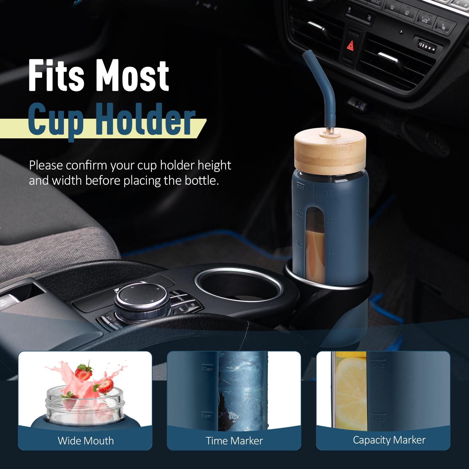 BLUEGO Borraccia Vetro 700ml con 2 Coperchi e Cannuccia, Sportiva Bottiglia d'Acqua con Custodia in Silicone e Indicatori di Tempo, Senza BPA, Blu scuro