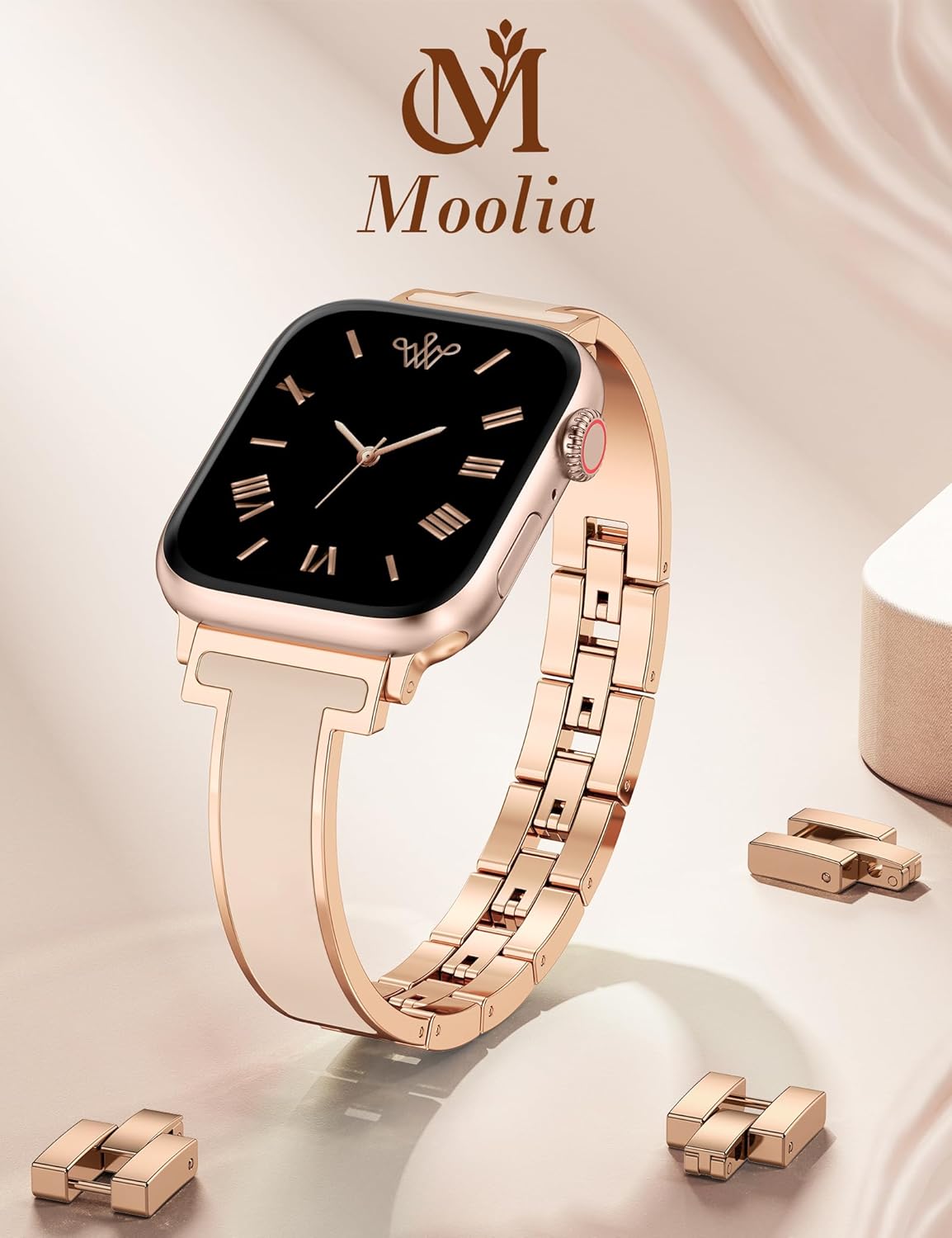 Moolia Slim Metal Band Compatible with Apple Watch 38/40/41/42/44/45/46mm Women, Fancy Dressy Enamel Bracelet Jewelry Luxury Bangle Strap for iWatch Series 11 11 10 9 8 7 6 5 4 3 SE/Ultra 3 2 1/Ultra 3 2 1