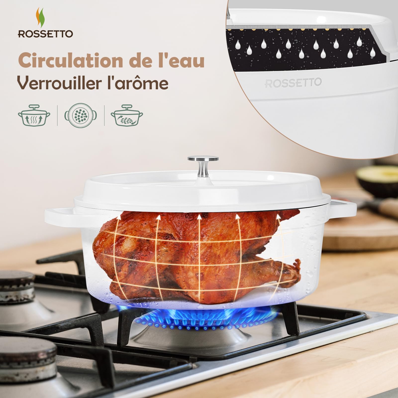 ROSSETTO 10,6L Cocotte ovale en fonte d’aluminium, revêtement antiadhérent en céramique. Couvercle avec picots saveurs. Compatible tous feux dont induction et au four jusqu’à 220° (38cm, Blanc)