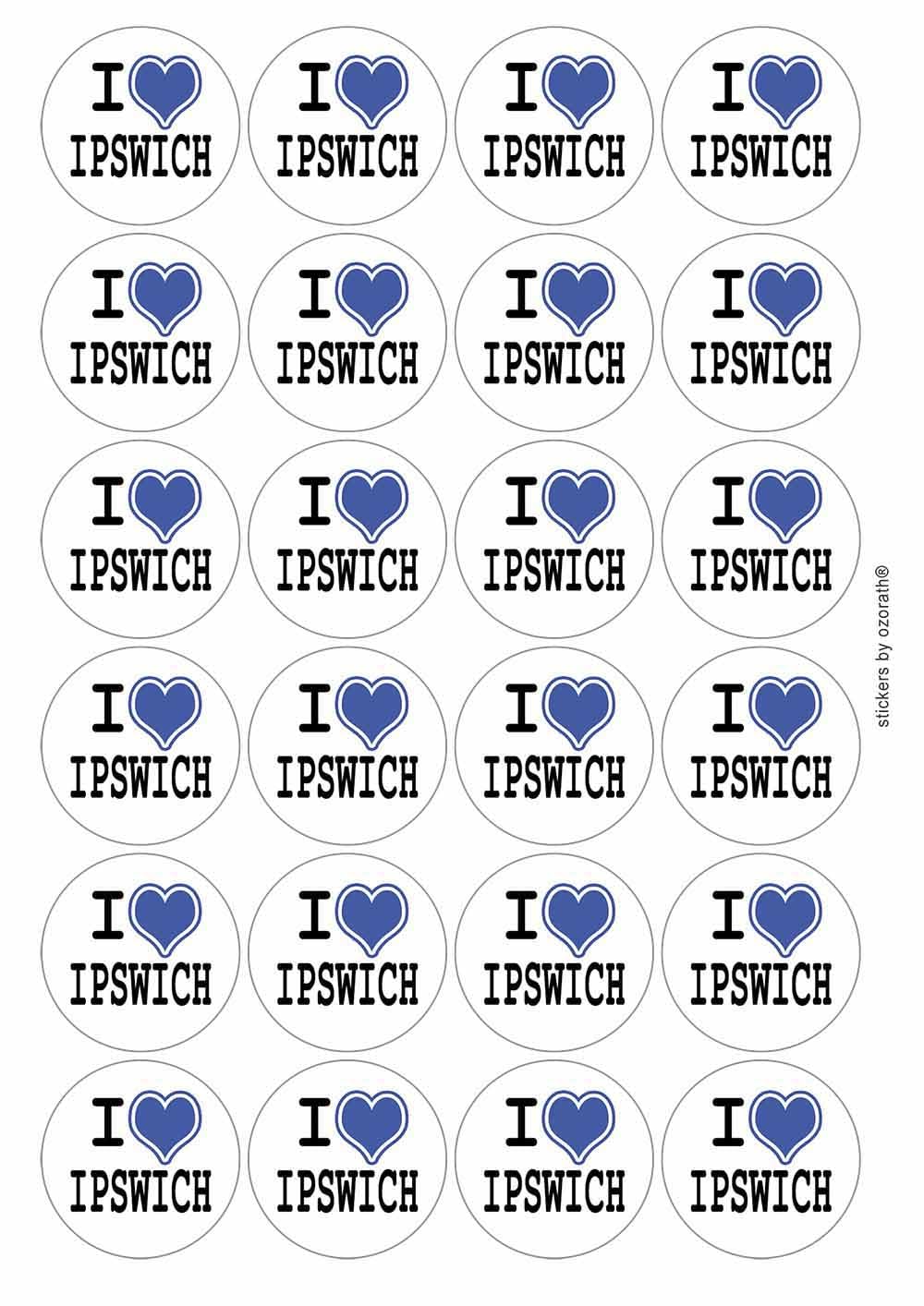 I Heart Love Ipswich Circular Matt Paper Stickers A4 Sheet of 24 (Each Sticker is 45mm Diameter)