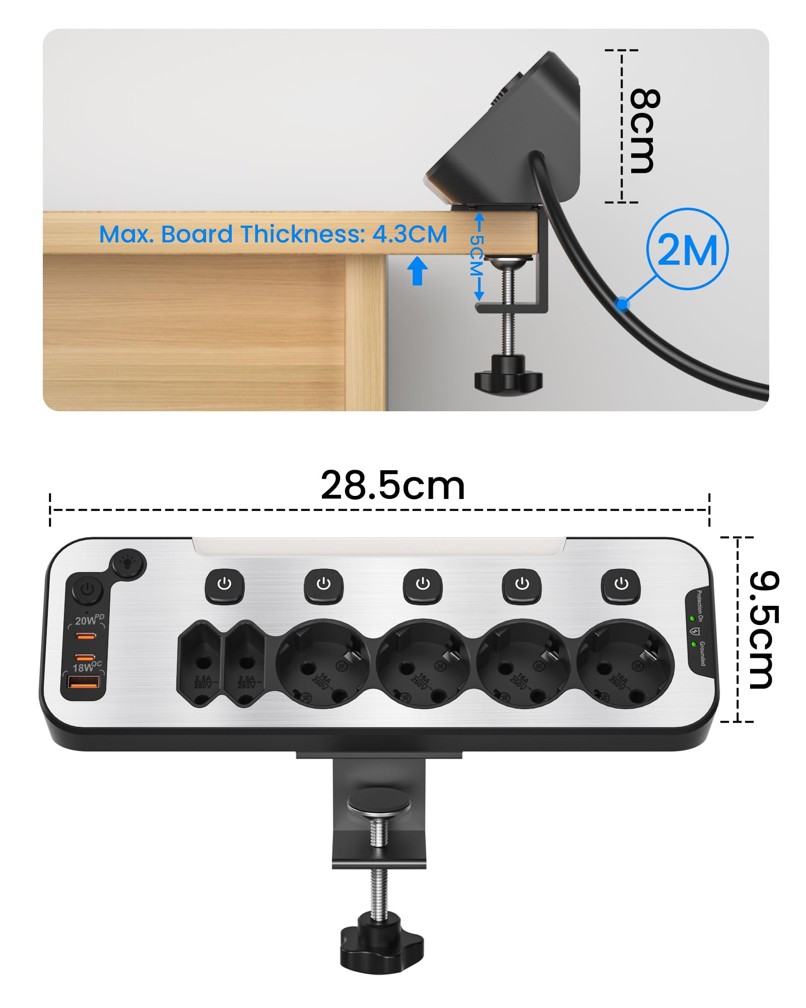 Toma de Mesa con USB C,Regletas Enchufes Proteccion Sobretension,PD20W Regleta de Escritorio con Interruptor,Enchufes Múltiple Cocina con Placa de Sujeción,Ladron Enchufes 6 Tomas,Cable 2 m,Negro