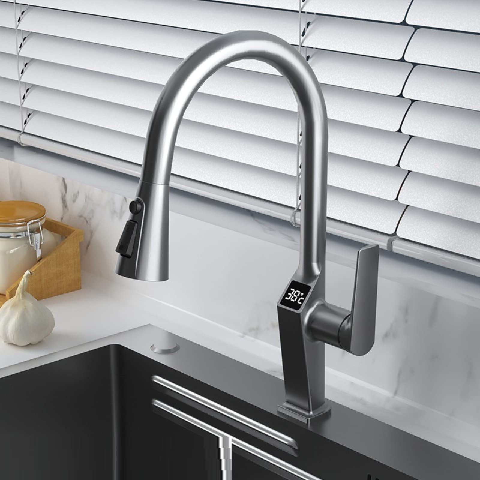 Pistola pulverizadora universal para grifo de cocina de 60 cm, manguera telescópica, agua caliente y fría, pantalla digital, diseño giratorio gris, perfecto para una fácil limpieza y uso versátil