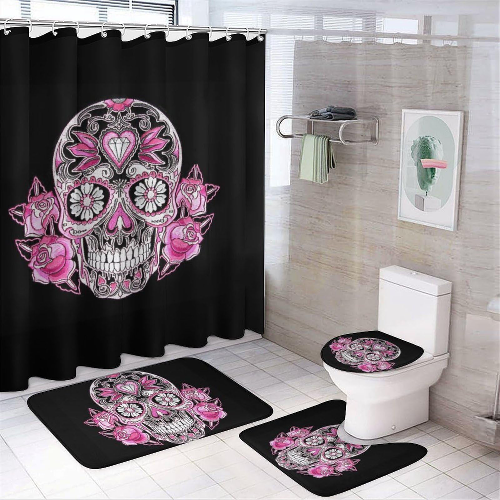 Wlntrophic Bathroom Mat Set 4 Piece, Pink Sugar Skull Shower Curtain with Non-Slip Bath Mats for Bathroom