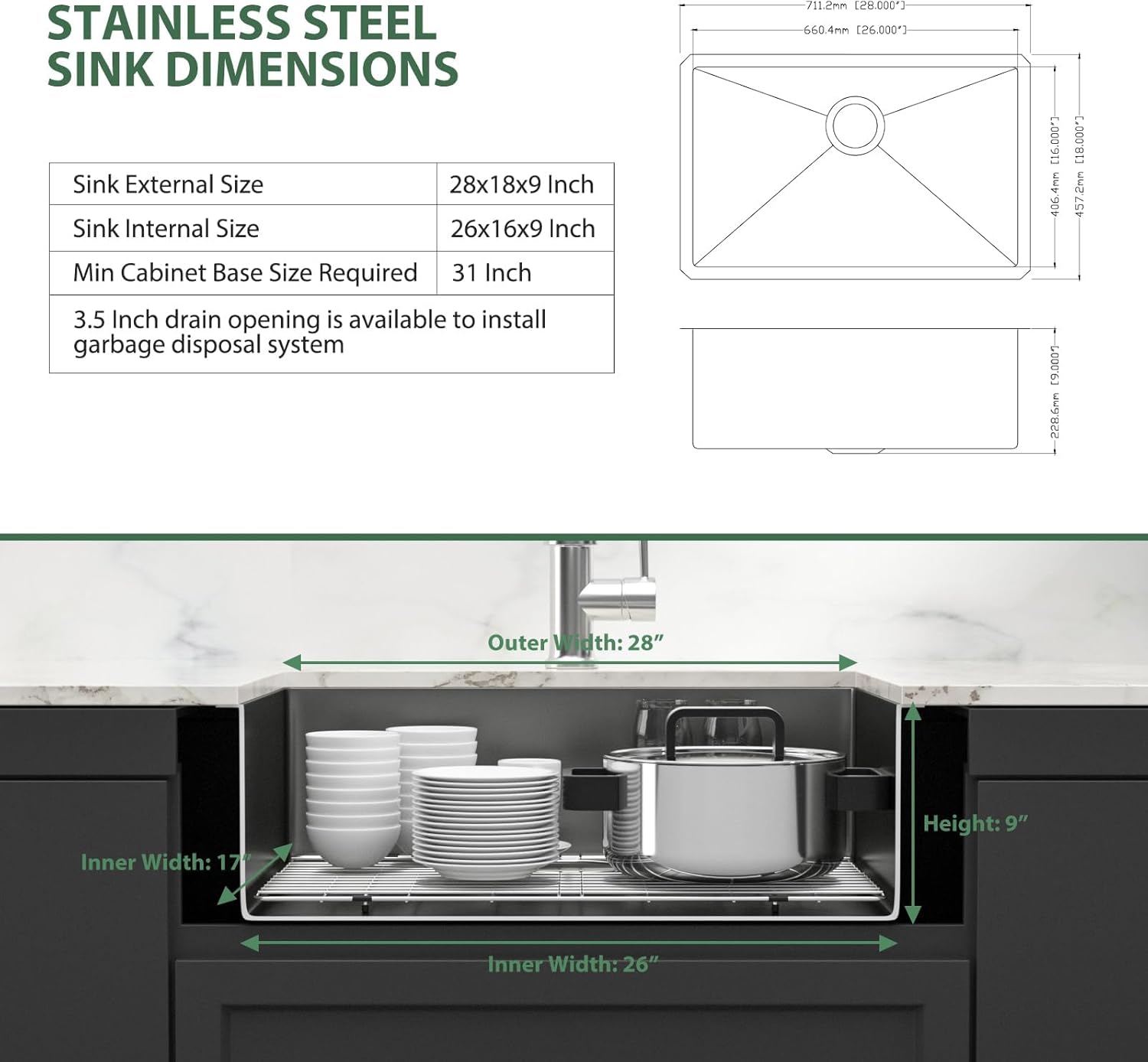 Black Undermount Kitchen Sink 28 Inch - Couoko Gunmetal Black Single Bowl Undermount Sinks 16 Gauge T304 Stainless Steel Large Deep NANO PVD Handmade Round Corner Kitchen Sinks 28"x18"x9"