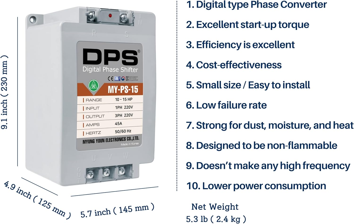 Single Phase to 3 Phase Converter, MY-PS-15 Model, Suitable for 10HP(7.5Kw) 30 Amps 200-240V 3 Phase Motor, DPS Should Be Used for One Motor Only, Input/Output 200V-240V, Digital Type : Tools & Home Improvement