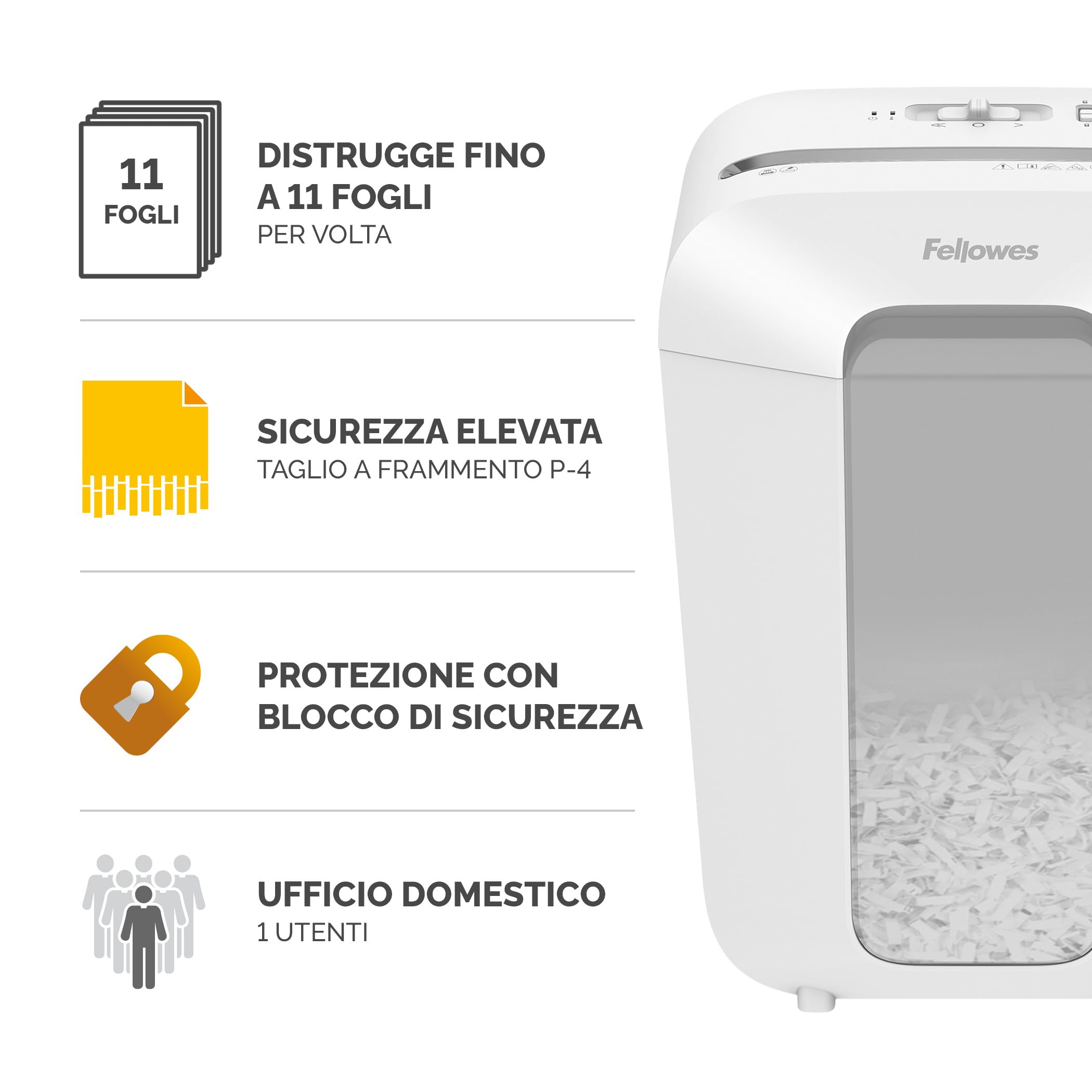 Fellowes distruggi documenti a frammento LX70, 11 fogli, per casa e piccolo ufficio, uso personale, cestino da 18 litri, distruggidocumenti con blocco di sicurezza, bianco