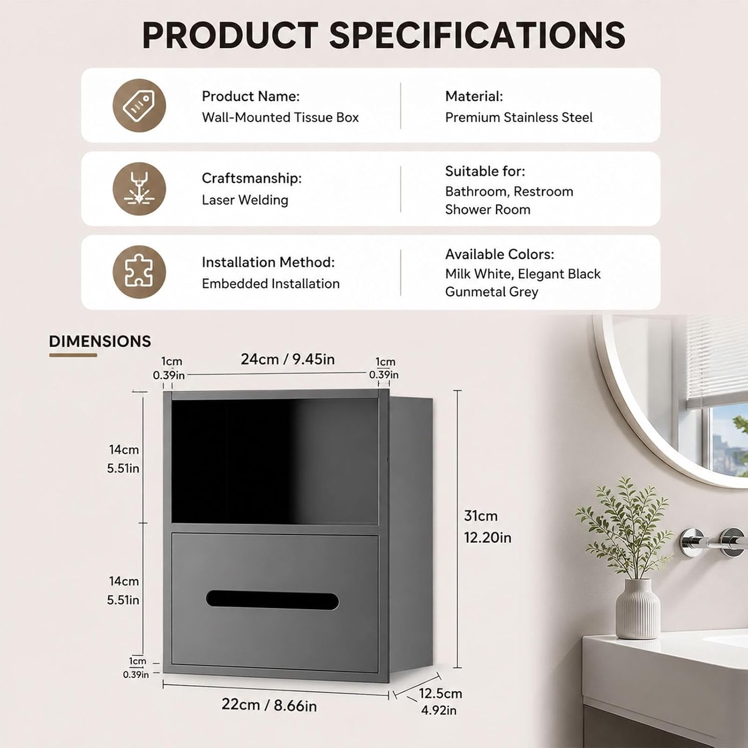 Recessed Toilet Paper Holder with Storage, for Bathroom Storage