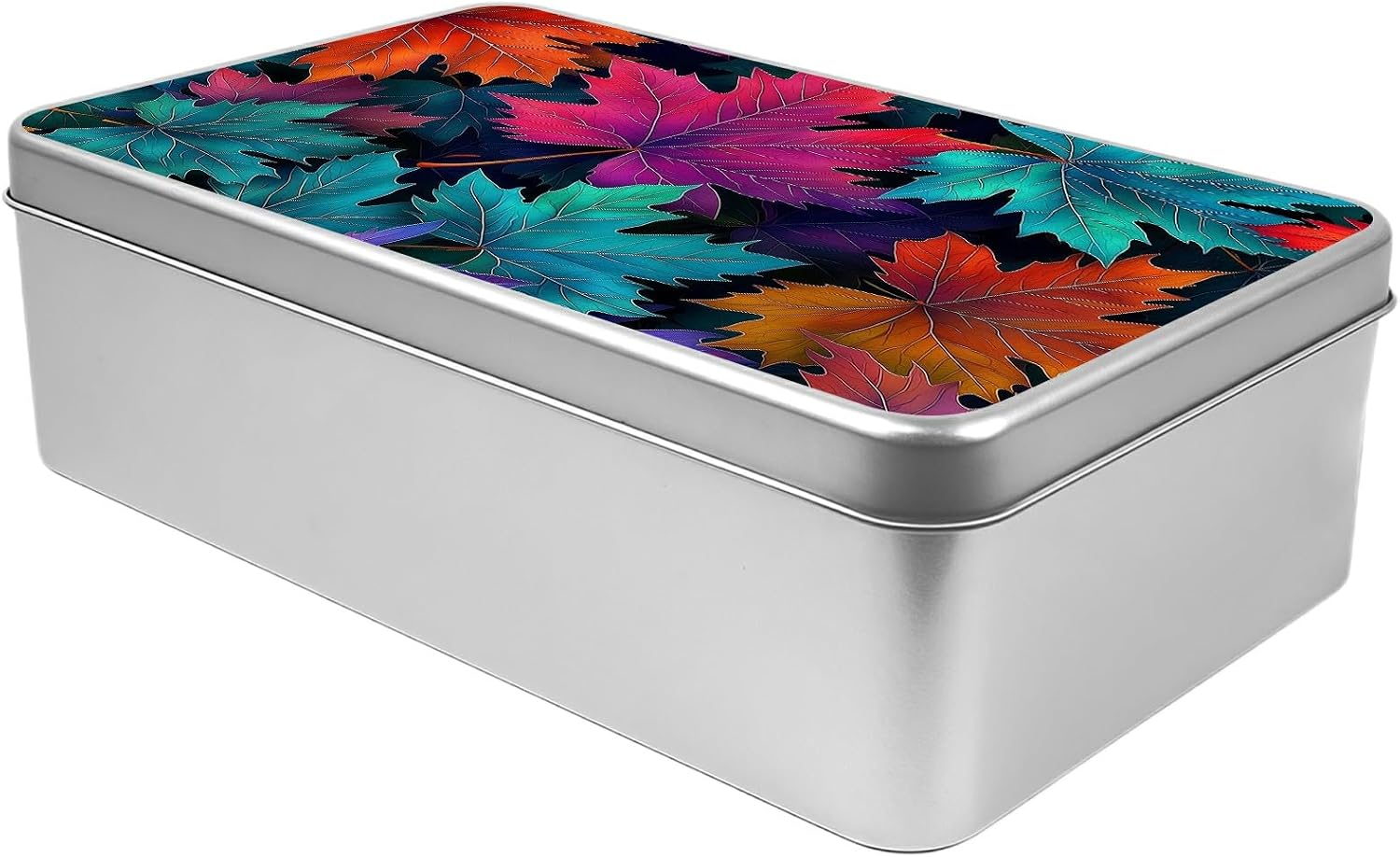 Metal Tin Storage Box with Lid,Colorful Maple Leaves