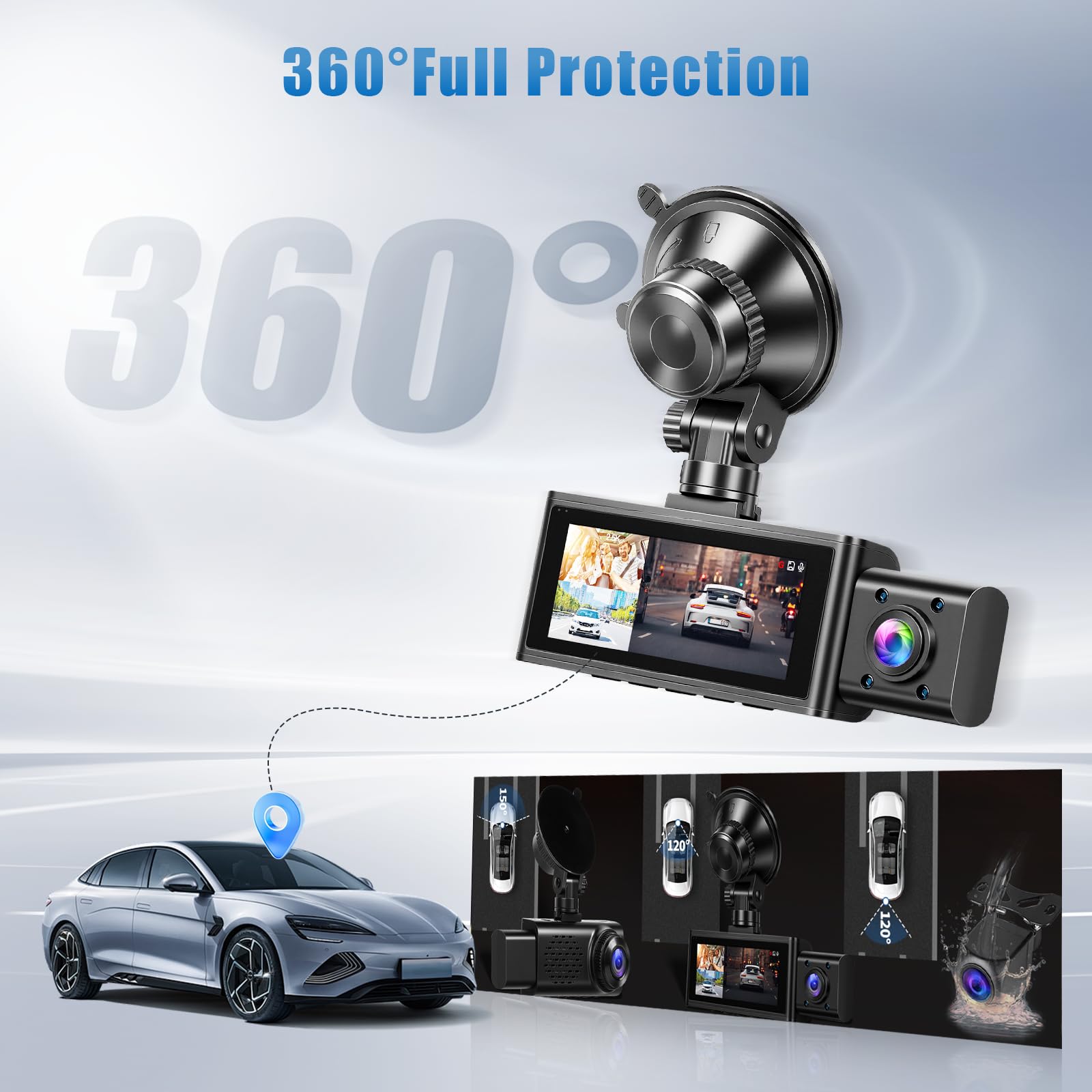 Roinvou Dashcam 3 Canales 2.5K+2.5K+1080P con Cámaras Delantera, Interior y Trasera, Pantalla 3.16", GPS, Sensor de Impacto G-Sensor, Grabación en Bucle, Control por App (Viidure), 64GB TF