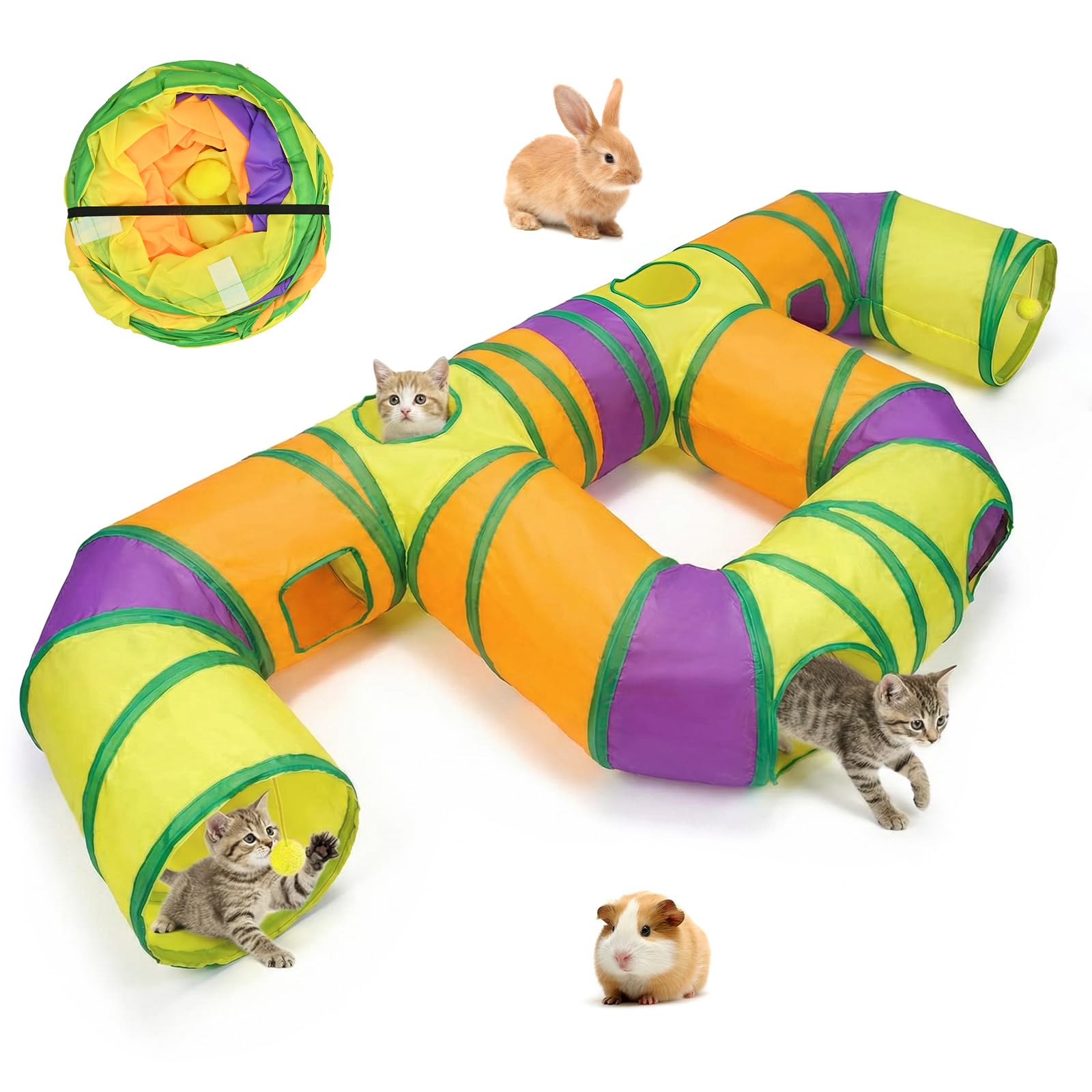 Rainbow Cat Play Tunnel with Multi-Hole Design for Indoor Cats, Large Foldable Cat Tunnel for Multi-Cat Households, Interactive Pet Tunnel Toy for Rabbits and Guinea Pigs, 160cm Long 25cm Diameter