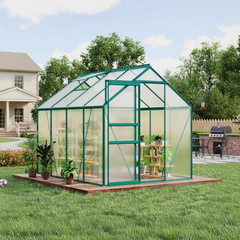 Heavy Duty Polycarbonate Greenhouse for Outdoors – 6x8FT Walk-in Aluminum Frame, Sliding Lockable Door, Roof Vent, Rain Gutter, Weather-Resistant for Garden, Patio, Backyard – 8-Green Spray