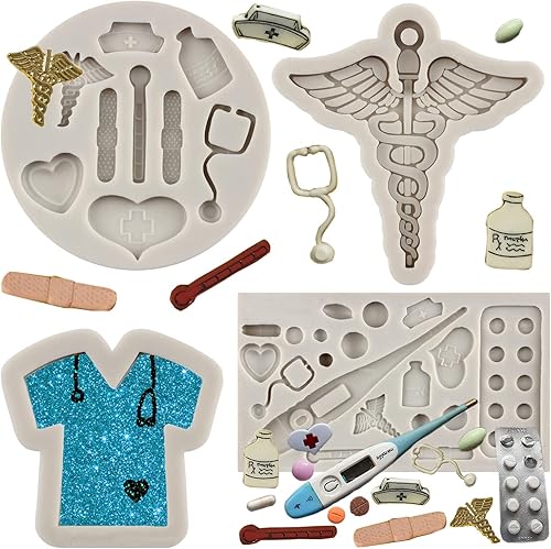 Aparato médico Tablet Molde de silicona para enfermera, sombrero de enfermera, estetoscopio, botella de píldora, vendaje, molde de fondant médico