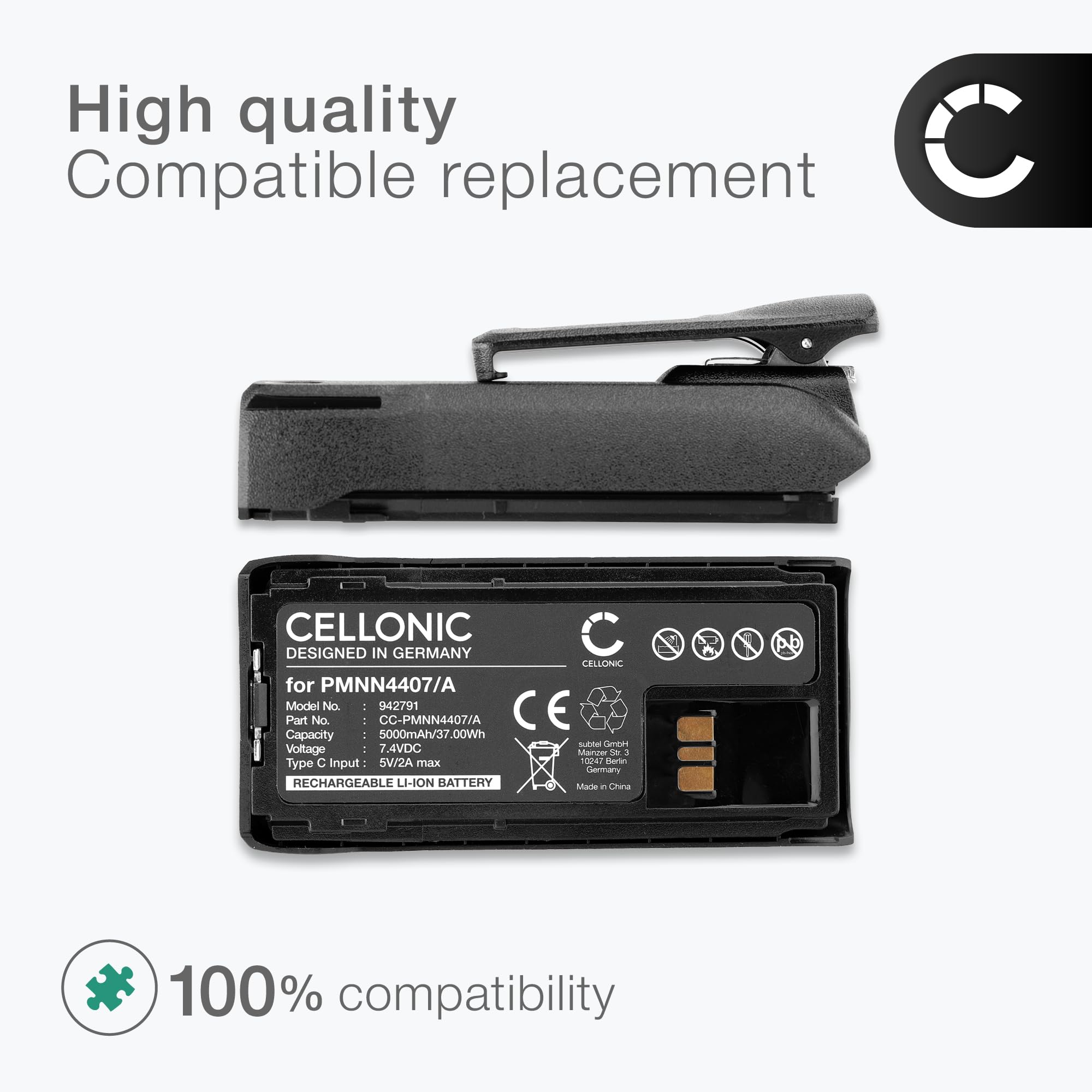 CELLONIC 1x Akku kompatibel mit Motorola R7, R7A, PMNN4407 | 1x, (5000mAh-7.4V-Lithium-Ionen), Funkgerät Akku, für Motorola PMNN4808A, R7A, PMNN4407A, PMNN4807, PMNN4808, PMNN4810A
