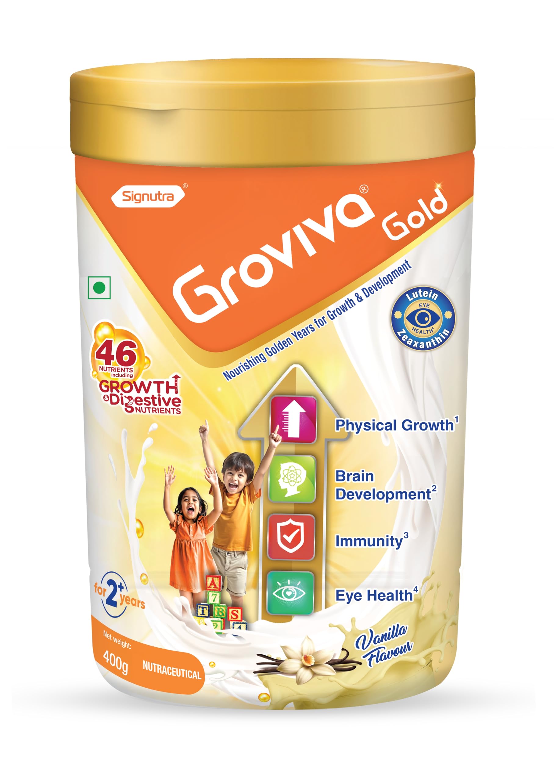 Groviva Gold Milk Protein Powder for Kids | 2-6 Years | 400g Vanilla Jar| 46 Nutrients | Growth & Digestive Nutrients | Supports Physical Growth, Brain Development, Immunity & Eye Health