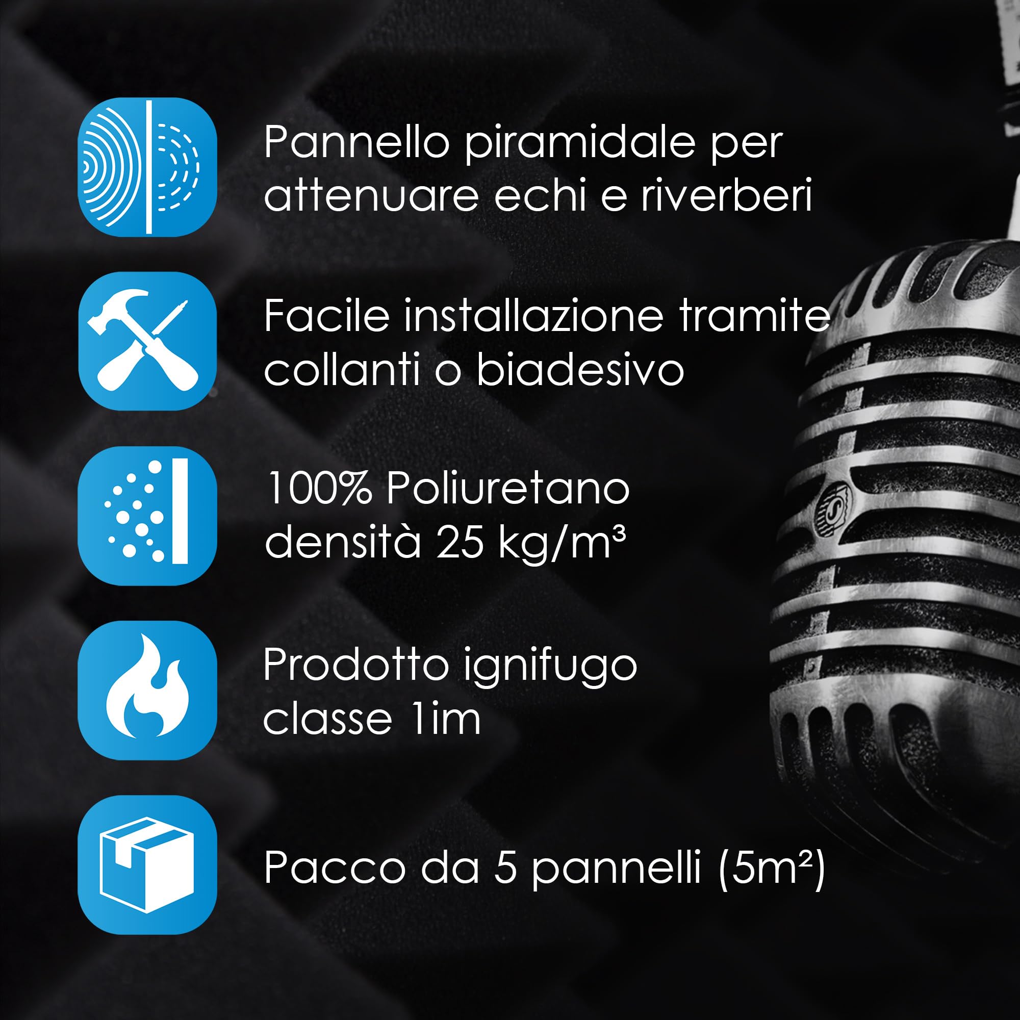 Pannelli Fonoassorbenti Piramidali Correzione Acustica 100x100x6 D30 Ignifugo Pacco Da 5. 5mq