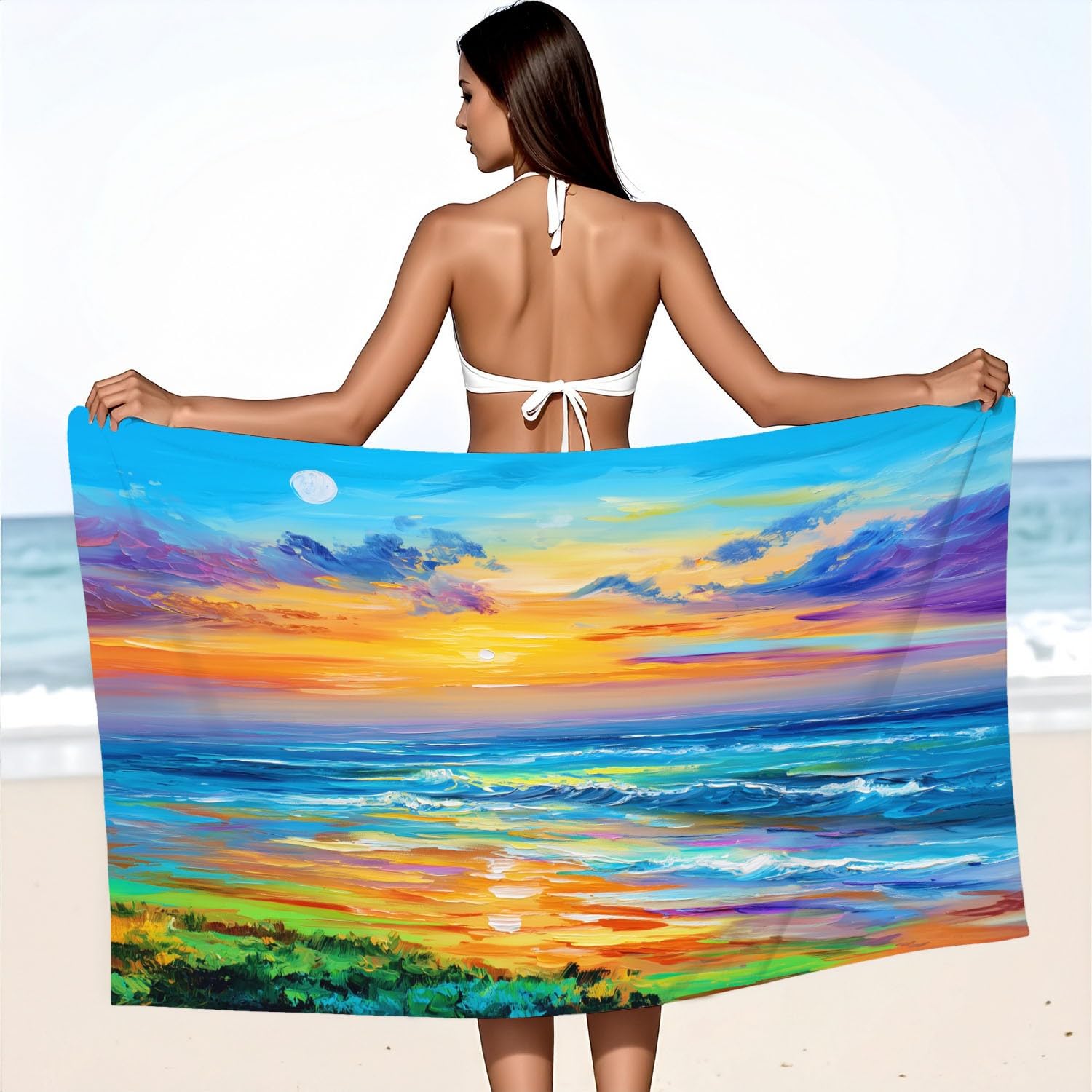 Générique Grande Serviette de Plage 200 x 100 CM,Drap de Plage Microfibre,Couverture de Plage Absorbante Rapide pour Coucher Soleil Océan Bateau Plantes Pittoresque Mer Vague Nature Éclatante