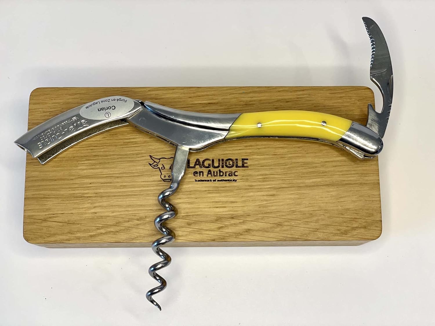Laguiole En Aubrac Sommelier Waiter's Corkscrew, Corian Handle, Wine Opener With Foil Cutter & Bottle Opener, Stainless Steel Shiny Bolsters (Sunshine Yellow Corian)