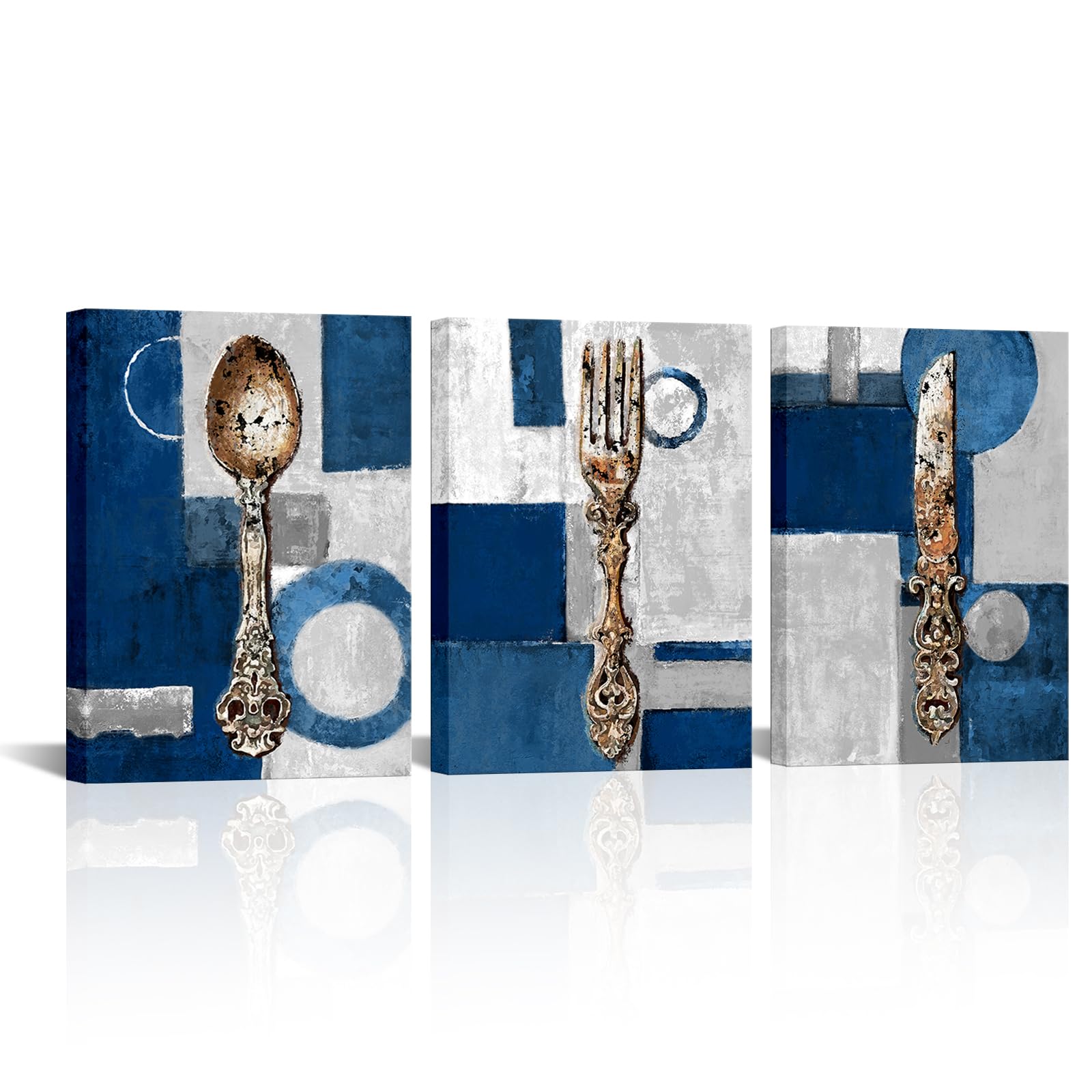Photo 1 of sechars Blue and Grey Kitchen Decor Vintage Fork Knife Spoon Painting Canvas Kitchenware Picture Prints Rustic Dining Room Restaurant Geometric Decoration (Blue)