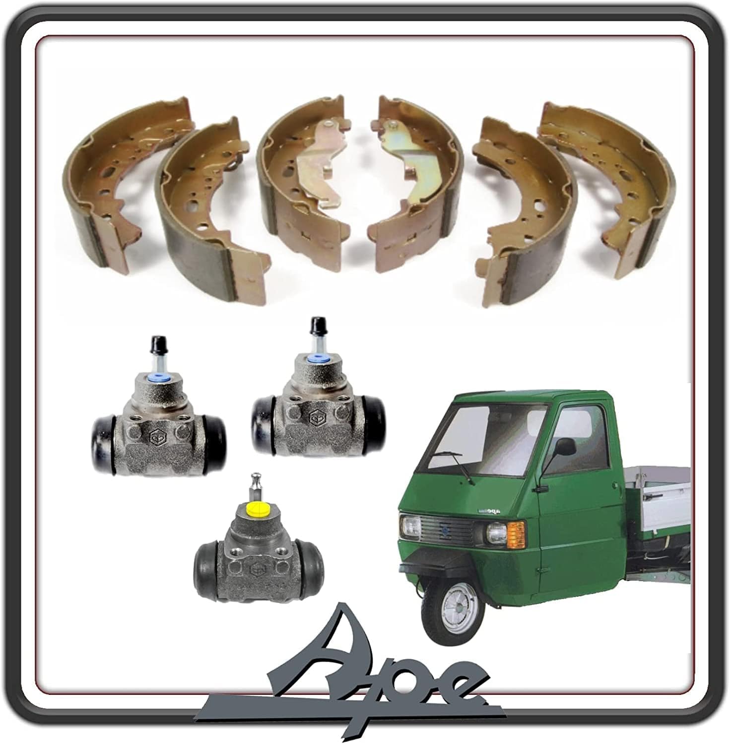 KIT GANASCE CEPPI FRENO FRENI ANTERIORE + POSTERIORE COMPATIBILE PER PIAGGIO APE TM 703 BENZINA O DIESEL – PIAGGIO APE 602 - APE CAR DIESEL - MAX DIESEL COMPLETO DI 3 CILINDRETTI FRENO.