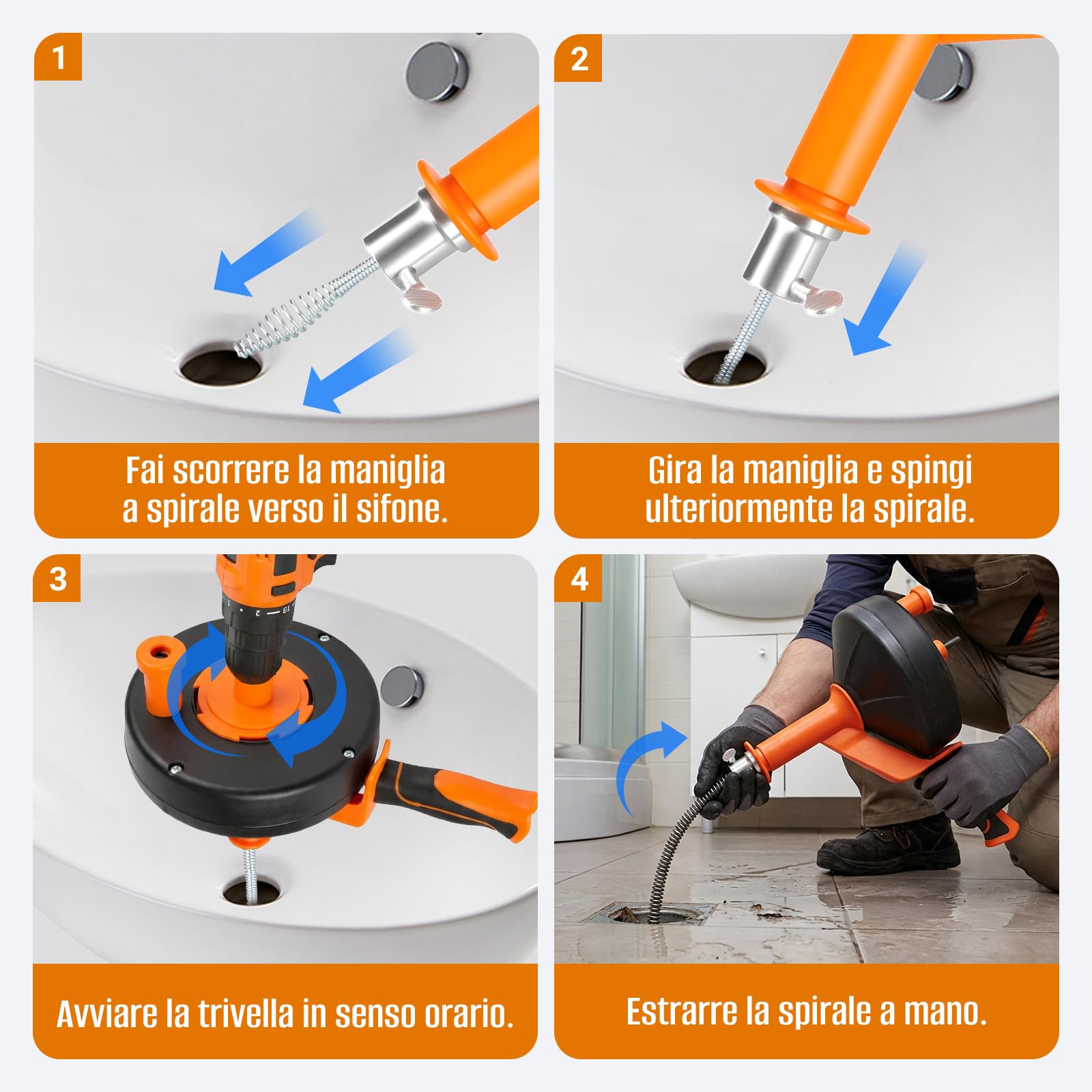 Spirale per la pulizia dei tubi, 13 m, a spirale, con inserto per trapano e guanti impermeabili, per una pulizia dei tubi ecologica, per cucina, lavandino, vasca da bagno