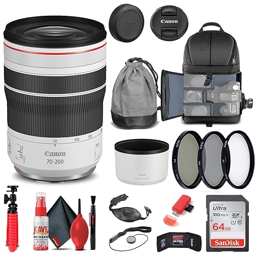 Canon RF 70-200mm f/4L is USM Lens (4318C002) + Filter Kit + Backpack + 64GB Card + Card Reader + Flex Tripod + Memory Wallet + Cap Keeper + Cleaning Kit + Hand Strap + More (Renewed)