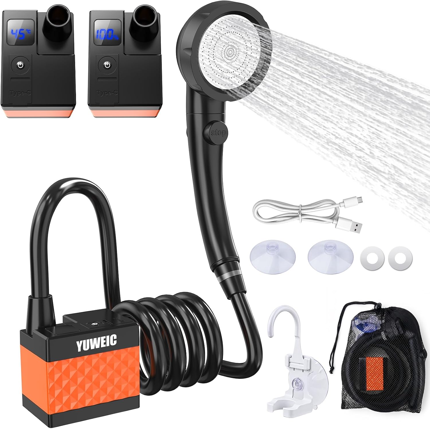 Portable Shower for Campers Rechargeable Outdoor Shower Pump for Hiking & Travel, Handheld Backpacking Shower with Adjustable Water Flow, Lightweight Compact Shower for Beach RV Pet Cleaning