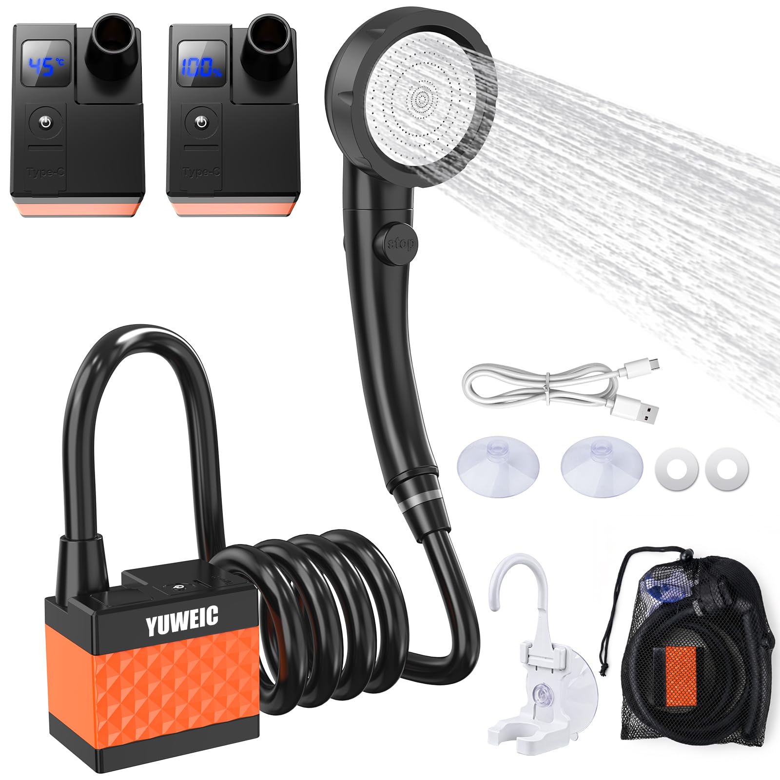 Douche portable pour campeurs, pompe de douche d'extérieur rechargeable pour randonnée et voyage, douche de randonnée à main avec débit d'eau réglable, douche compacte légère pour la plage, le