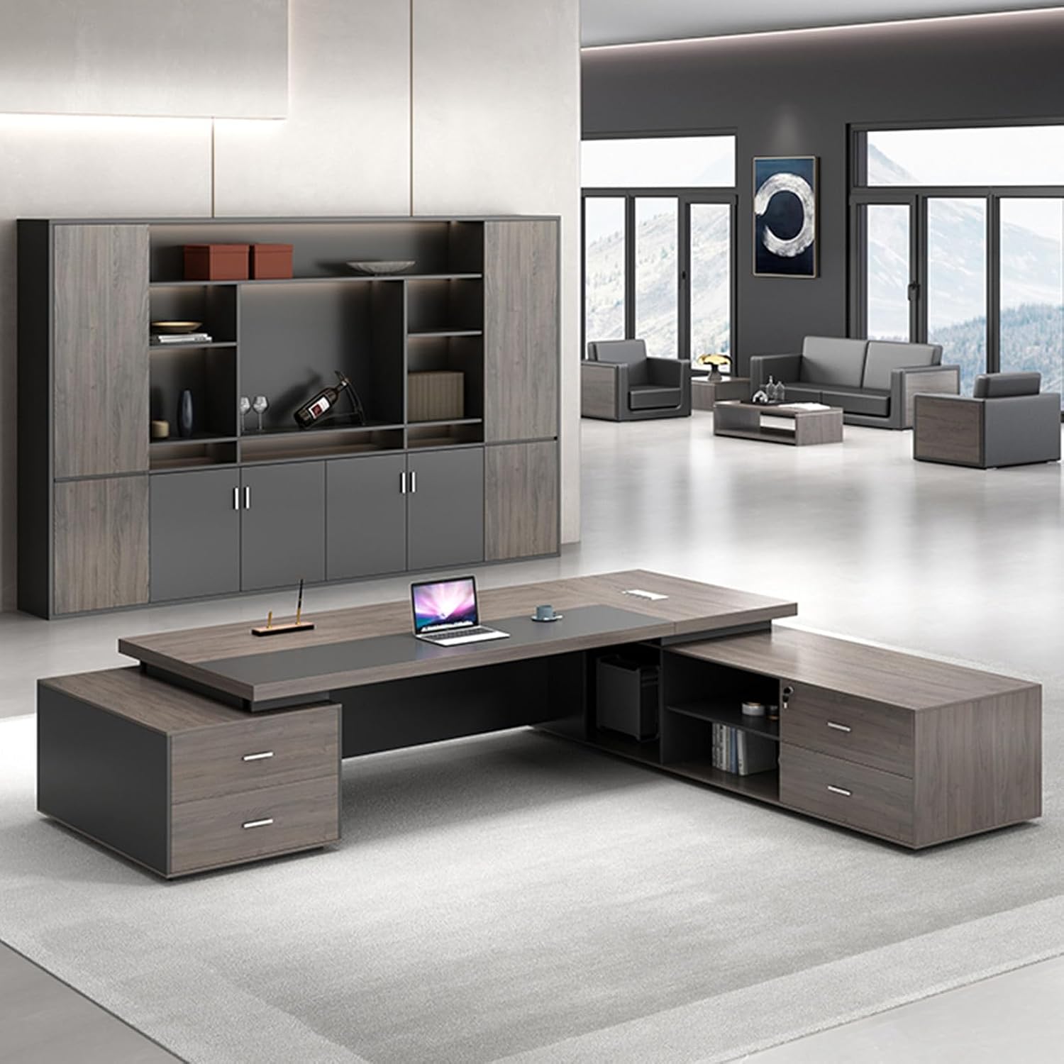 Wood L Shaped Computer Desk Executive Office Desk with File Drawers Writing Study Table Business Furniture Set for CEO Boss