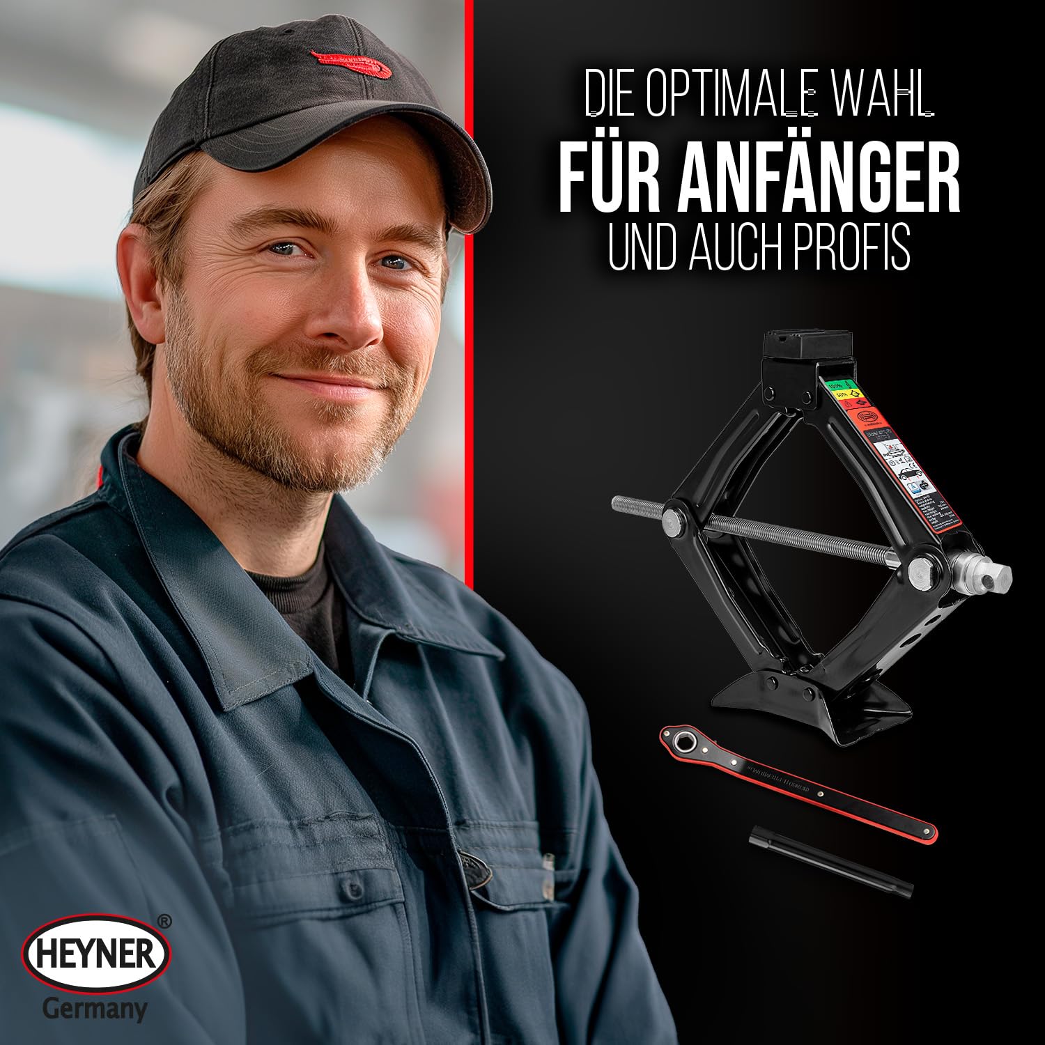 HEYNER® Scherenwagenheber 1t Wagenheber inkl. Tasche, 100–348mm Hubhöhe, 17mm Ratsche, Kurbel und Gummiauflage, Scherenheber, TÜV & GS