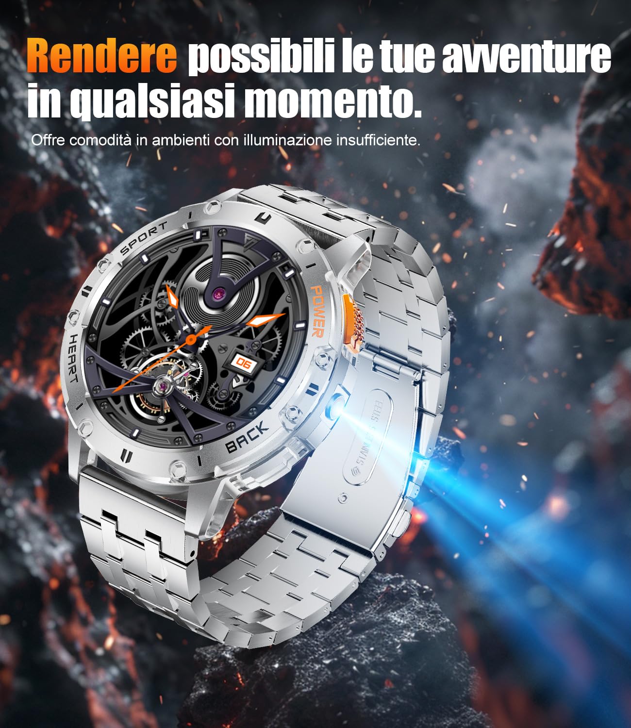 ESFOE Smartwatch Uomo Militare Impermeabile 5ATM con Torcia LED 1,43" AMOLED Display Rugged Smartwatch Orologio con Chiamate Bluetooth, 100+ Modalità, SpO2, Sonno, Notifiche WhatsApp per Android iOS