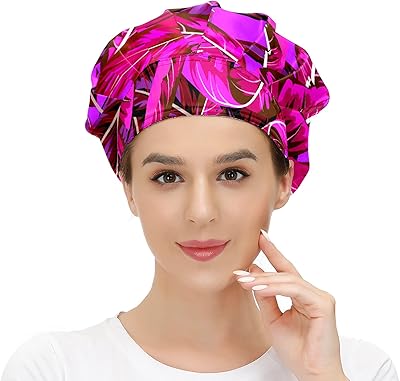Shutiall Working Cap with Button and Sweatband Adjustable Tie Back Bouffant Hats Printed Multi Color for Woman Man.Purple Leaves