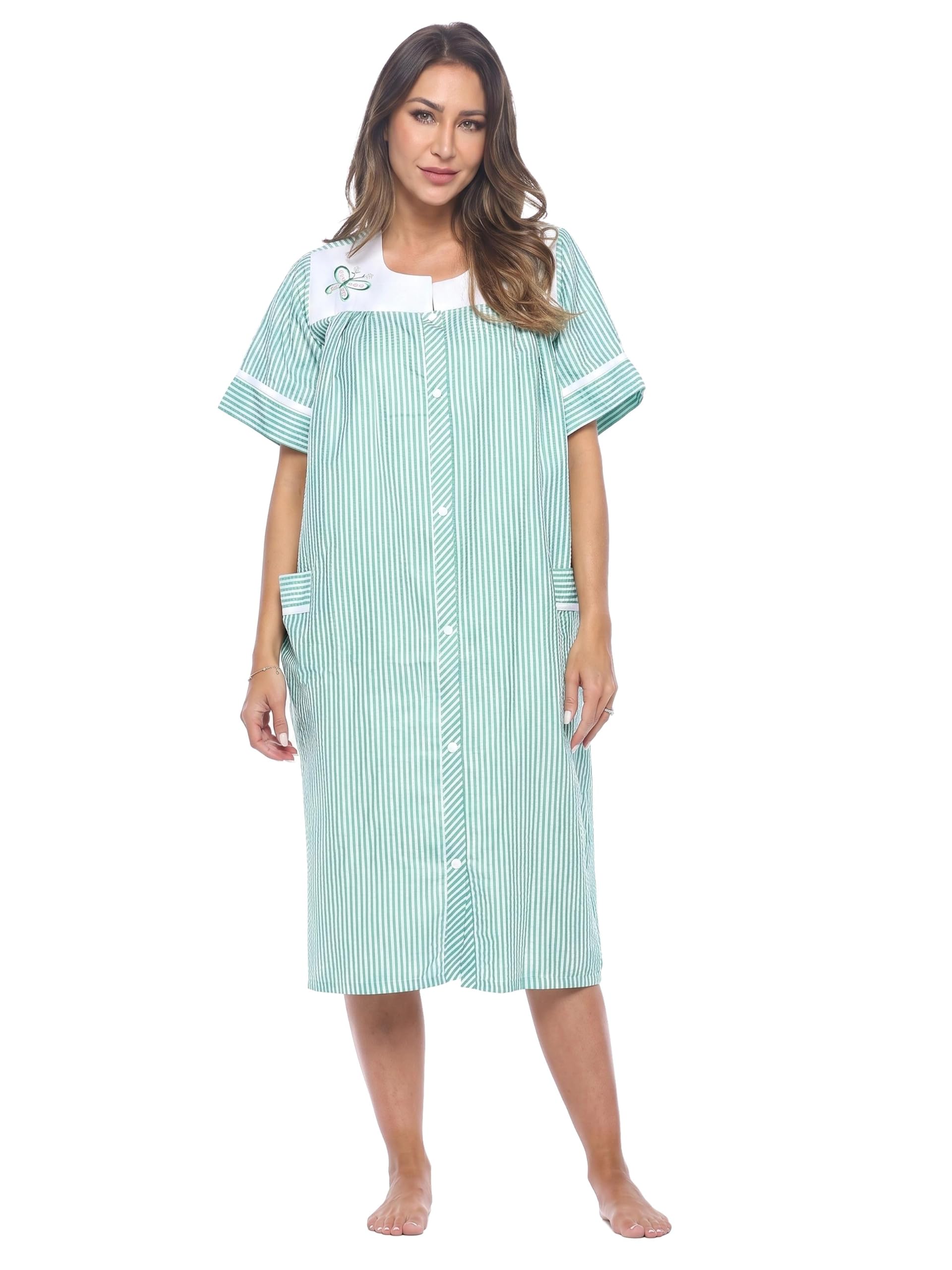 Casual Nights Women's Snap - Front House Dress Short Sleeve Woven Housecoat Duster Lounger Robe with Pockets