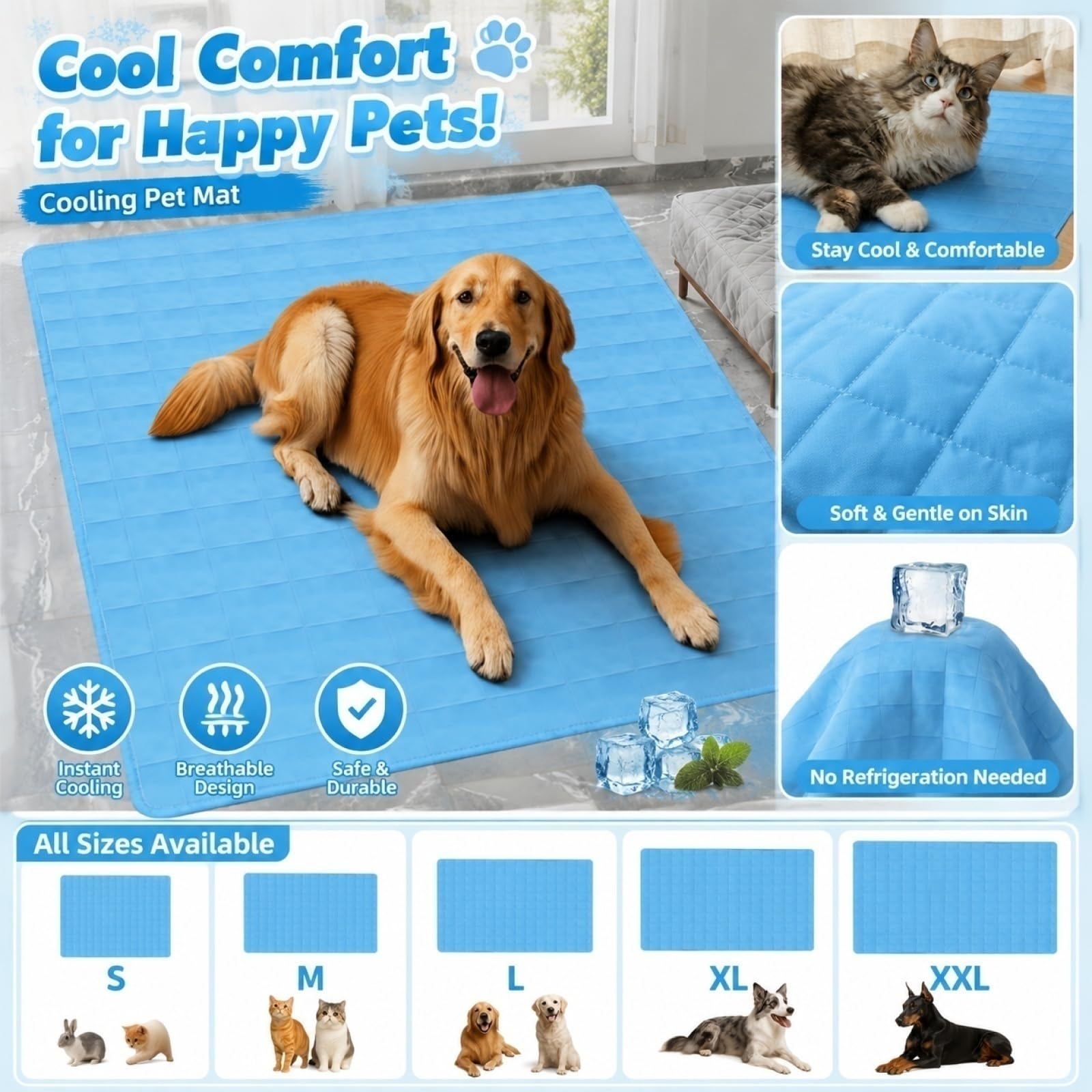 Kühlmatte Hund Katze Selbstkühlend, Kühldecke Hunde Katzen, Kühlendes Hundebett Katzenbett, Kühlmatte Ohne Gel Hund Katze Kühlbett, Dog Cat Cooling Mat Bed Kühlung Outdoor Sommer (Blau,70x50cm)
