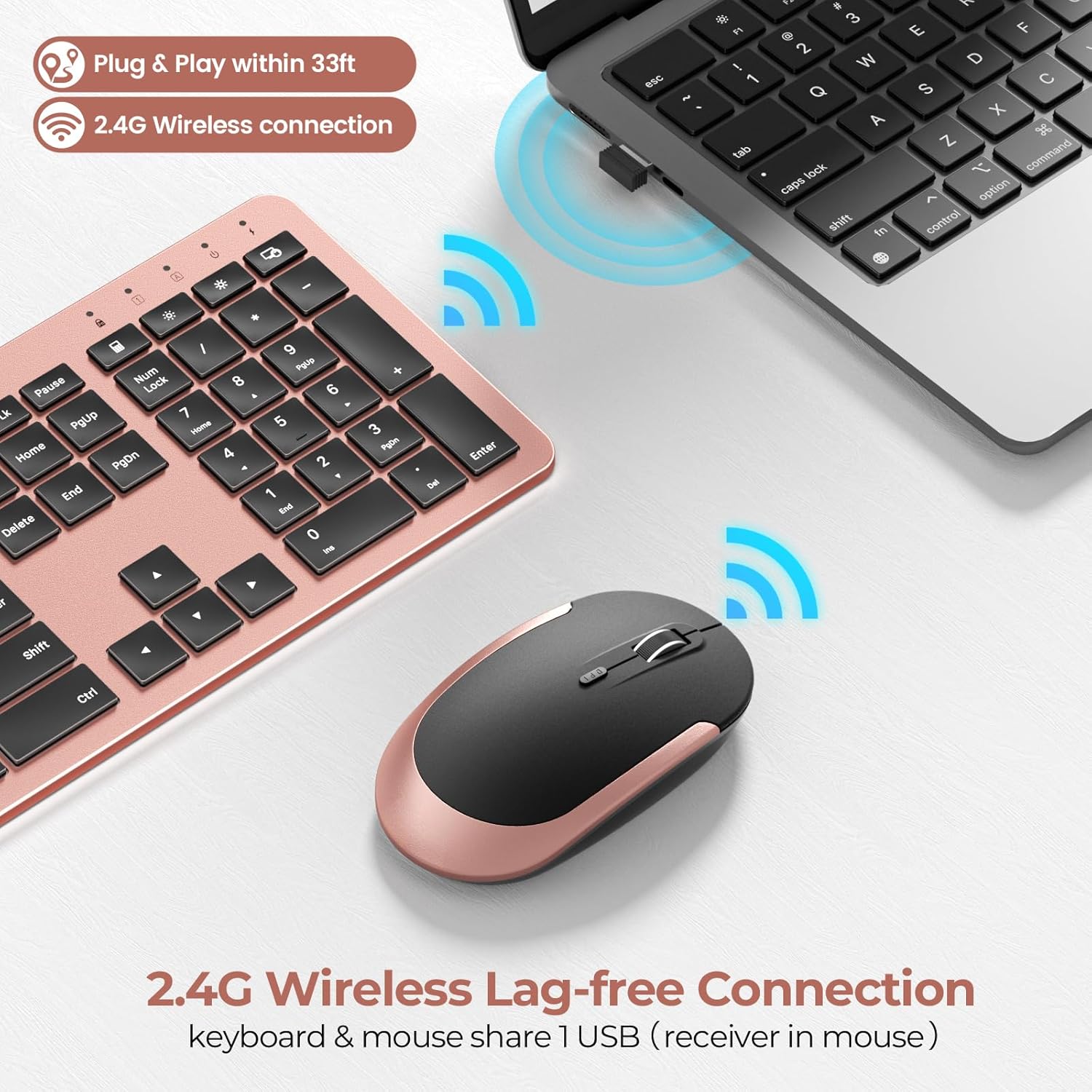 seenda Rechargeable Wireless Keyboard Mouse Combo Full Size Cordless Keyboard & Mouse Sets with Build-in Lithium Battery Ultra Thin Quiet Keyboard Mice (Rose Gold & Black)
