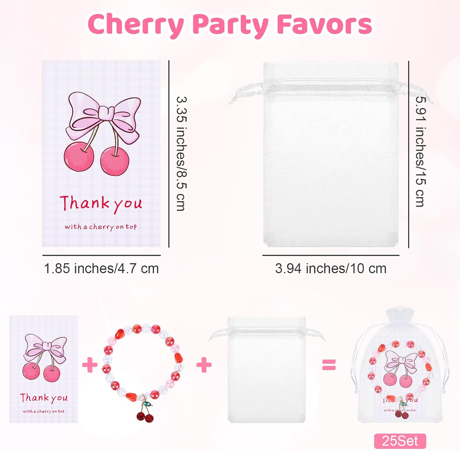 25set Cherry Bracelet Gifts, Cherry Party Favors With Thank You Cards Organza Bags Bulk Bridal Shower Cherries Themed Party Decoration For Women Bridesmaids Baby Shower Birthday Friendship Jewelry