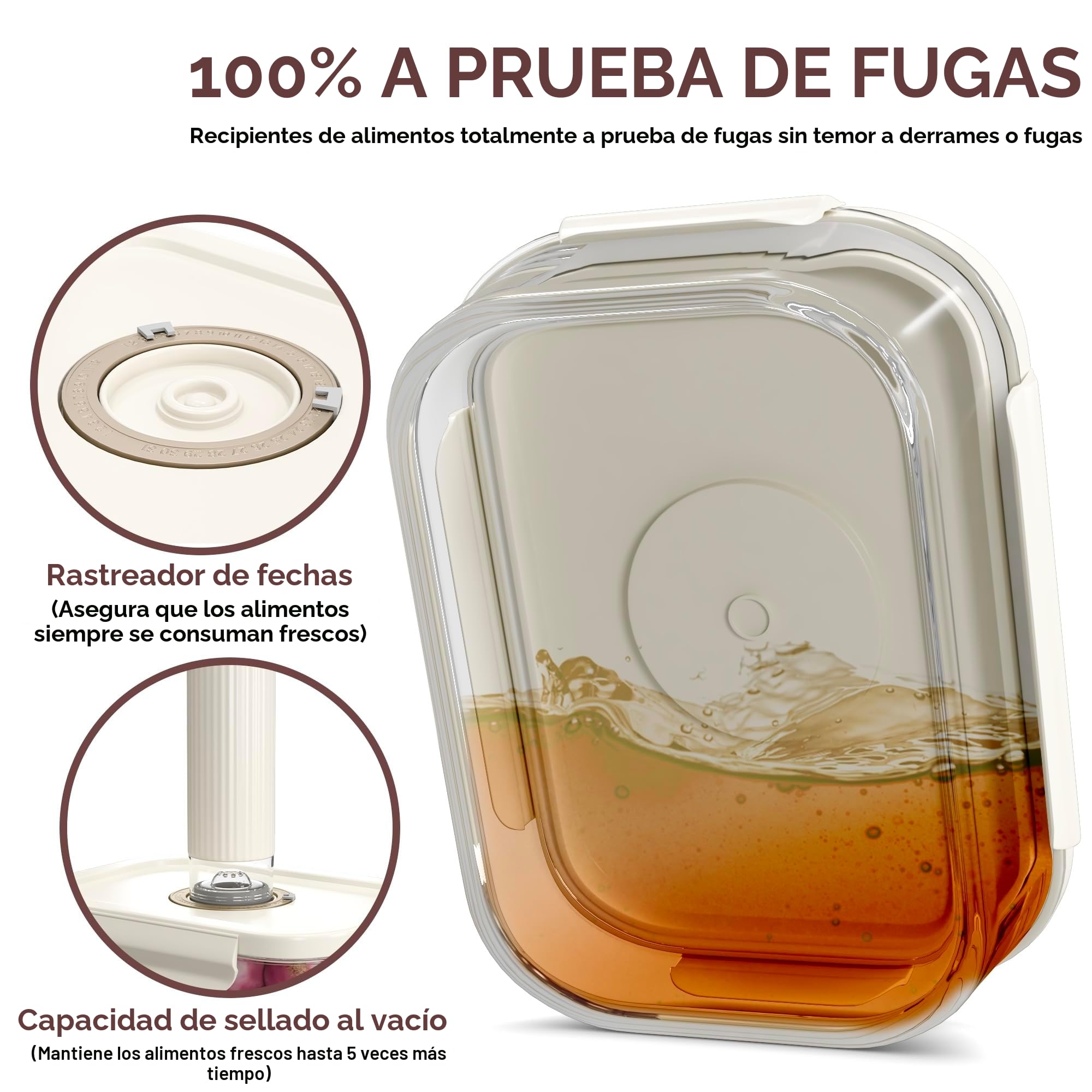 Paquete de 5 recipientes de almacenamiento al vacío de vidrio 1040 ml con rastreador de fecha y bomba, tapas herméticas aptas para horno