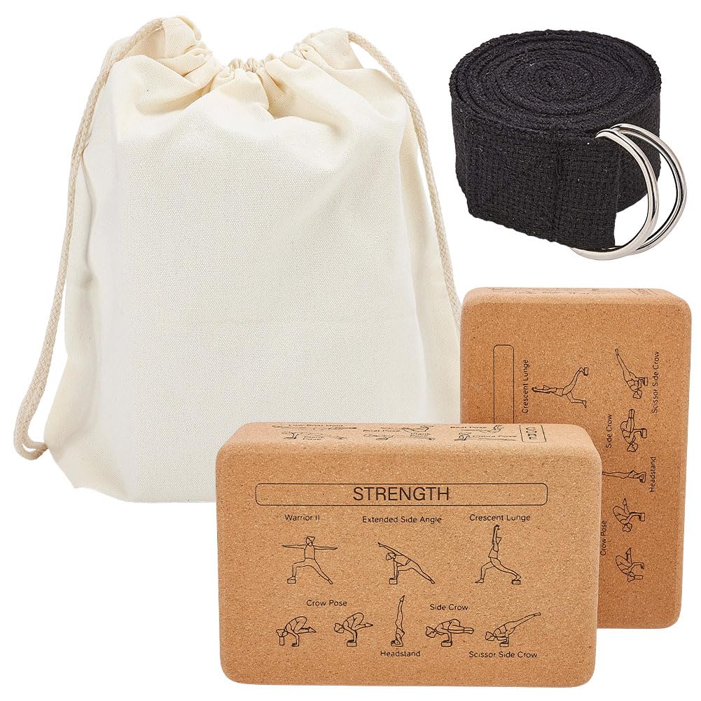 INFUNLY Yoga-Blöcke aus Kork, für Yoga-Posen, Unterricht, 22 x 15 x 7 cm, Set mit 2,4 m Gurt und Canvas-Tasche, Balance-Komfort, rutschfeste Fitness-Blöcke für Pilates, allgemeine Fitness, Stretching