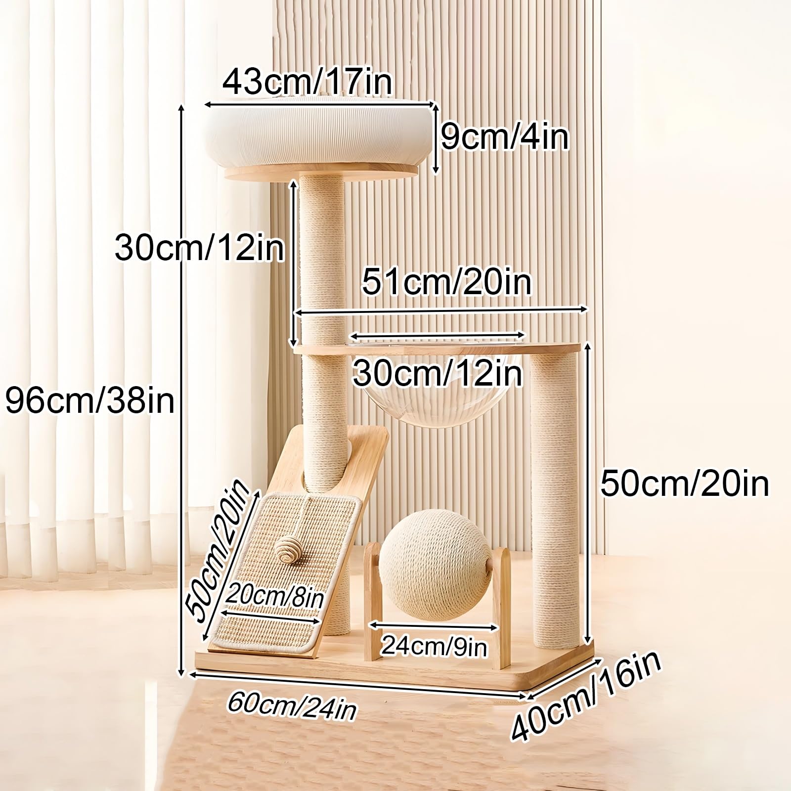 Torre per Gatti Moderna dal Pavimento al Soffitto, Tiragraffi in Legno a 3 Livelli con Palline di Canapa Sisal, Rampa Tiragraffi, Letto e Capsula Spaziale